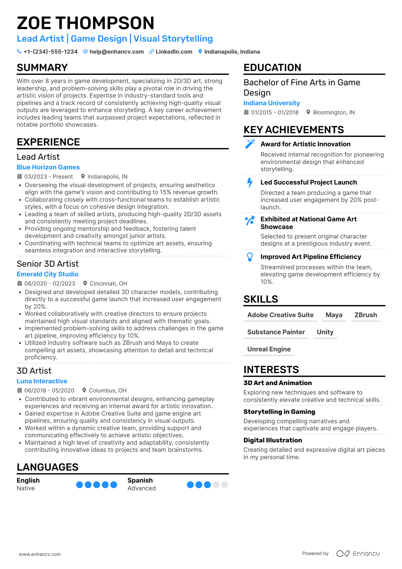 A resume example of a Lead Artist