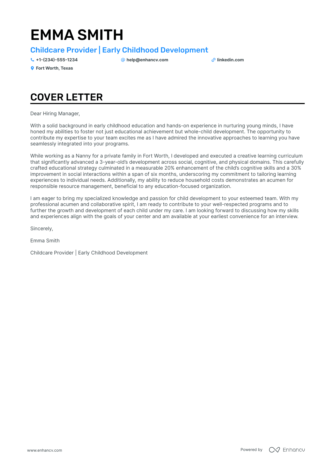 application letter for the post of a nanny