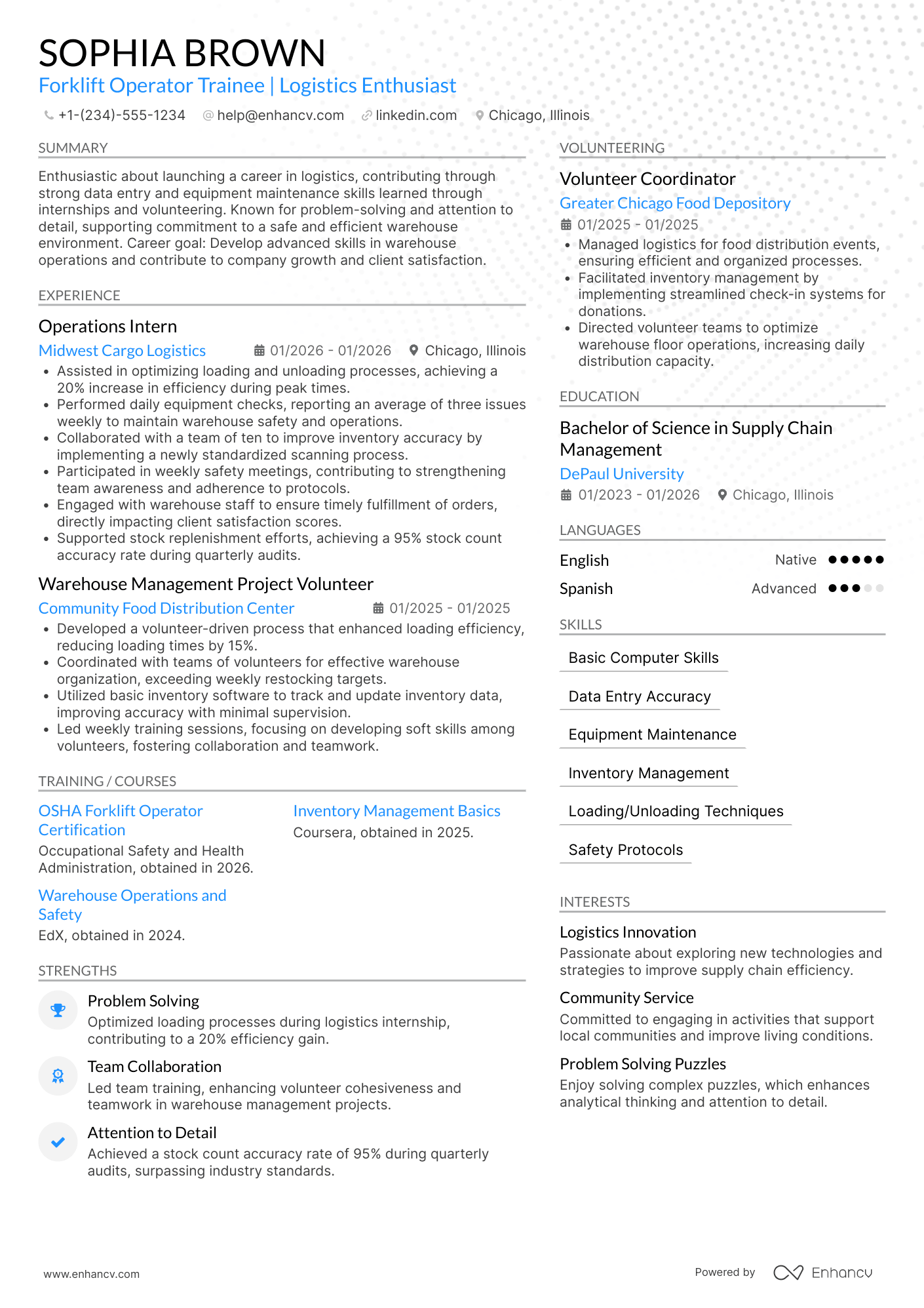 A resume example of a Forklift Operator Trainee
