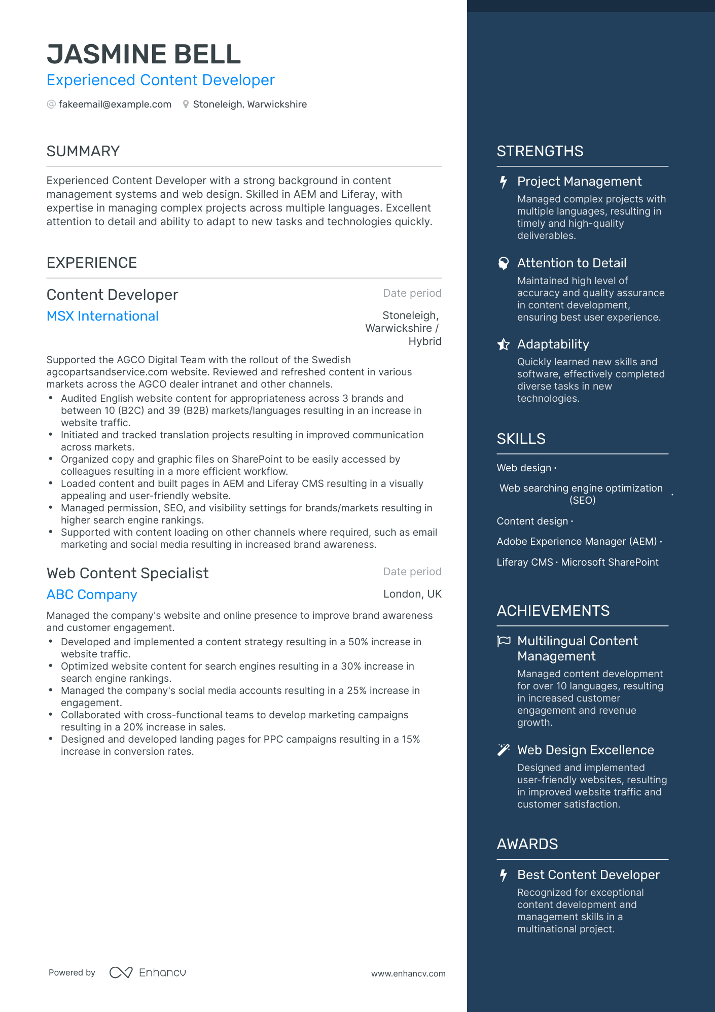 One Page Content Developer Resume Template