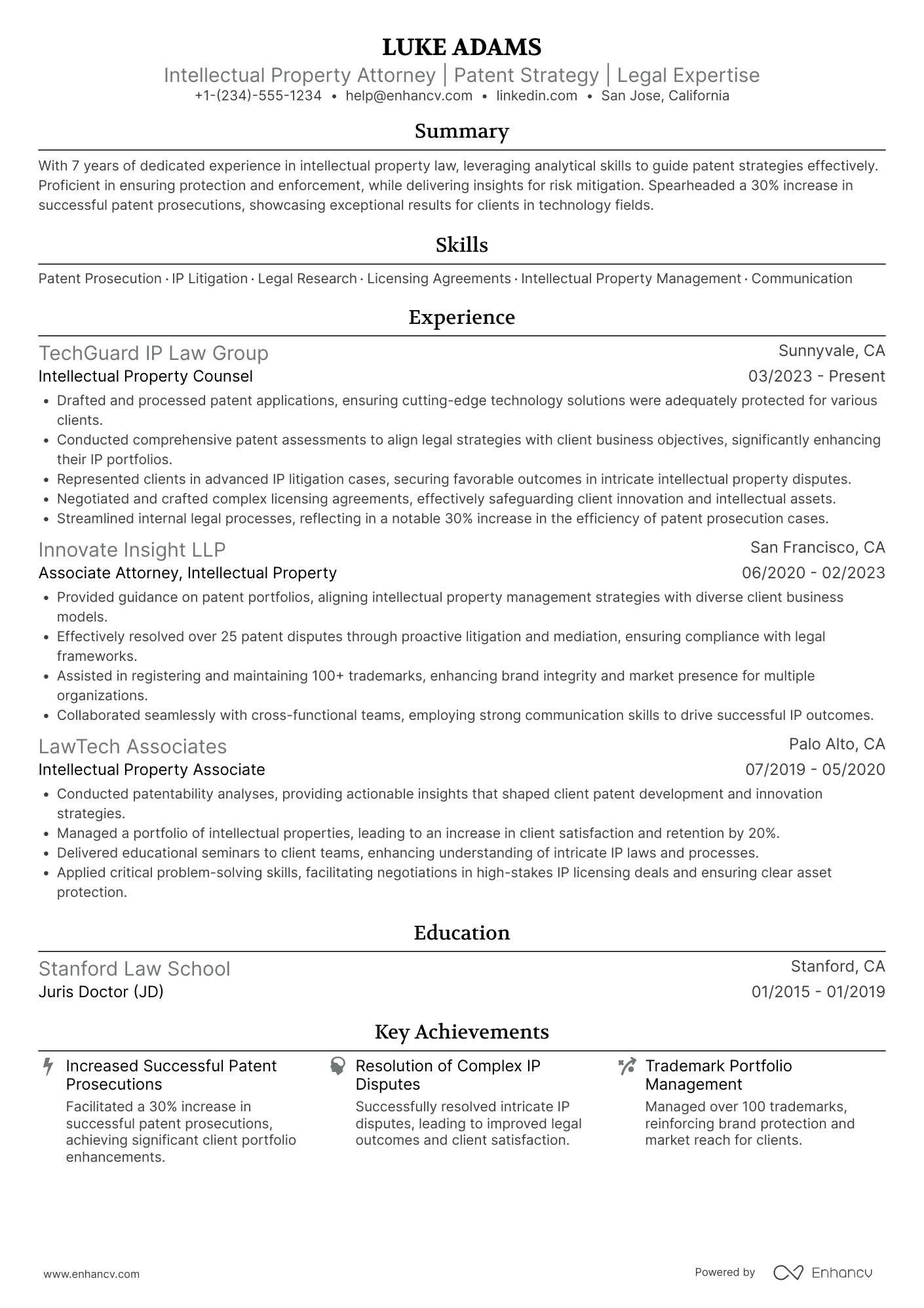 A resume example of a Intellectual Property Attorney