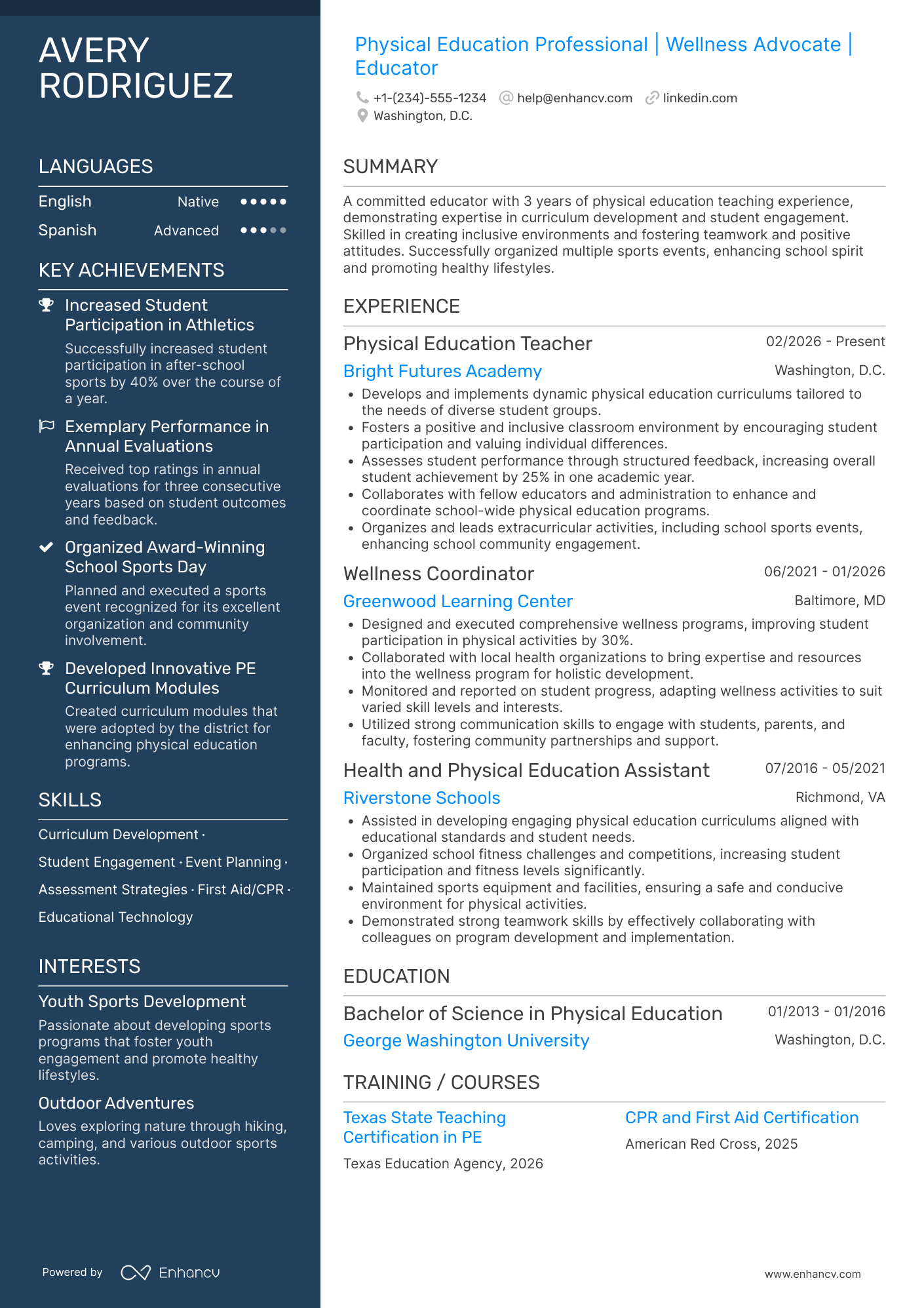 A resume example of a First Year Physical Education Teacher