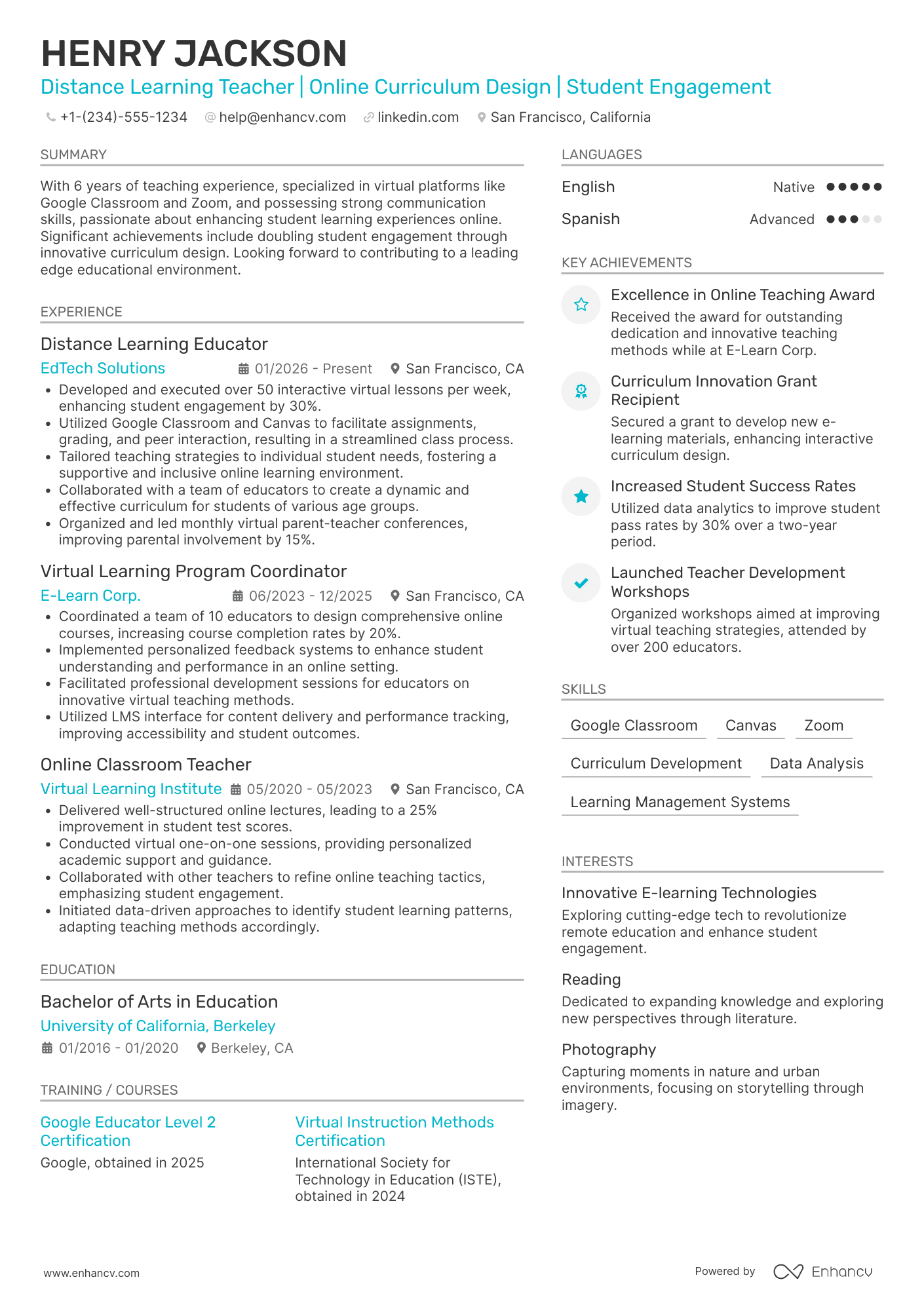A resume example of a Distance Learning Teacher