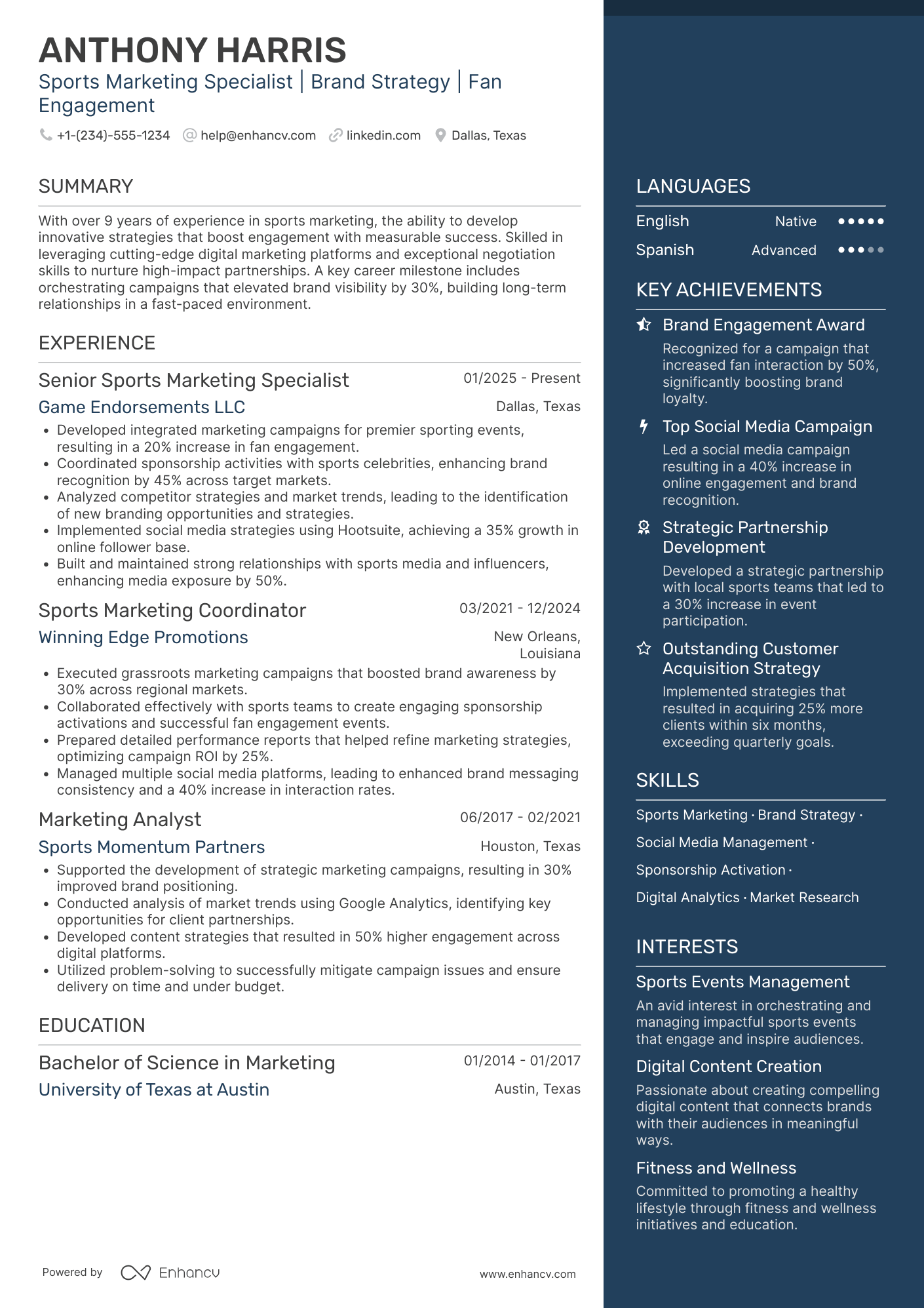 A resume example of a Sports Marketing