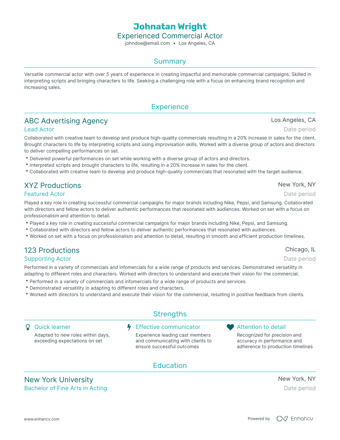 Traditional Commercial Actor Resume Template