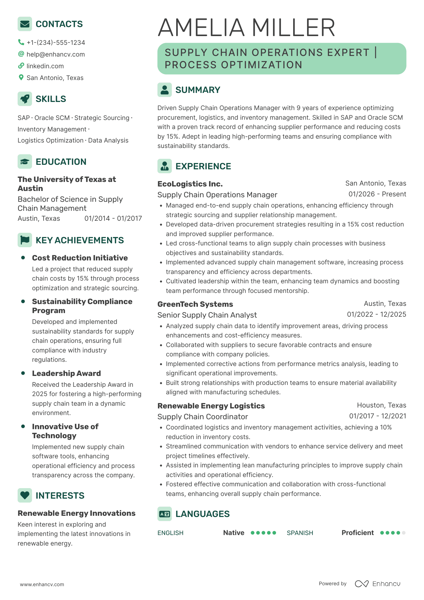A resume example of a Supply Chain Operations Manager