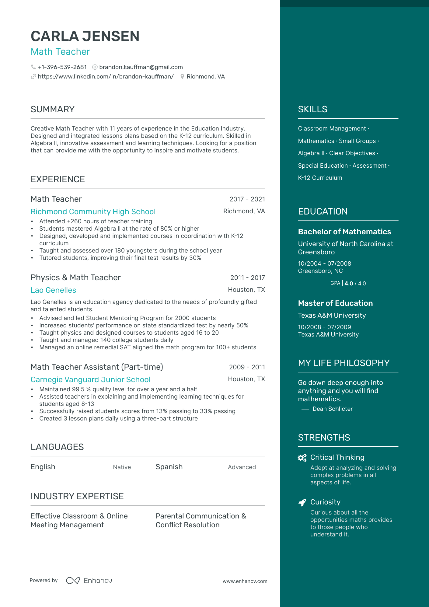 resume for teaching job template