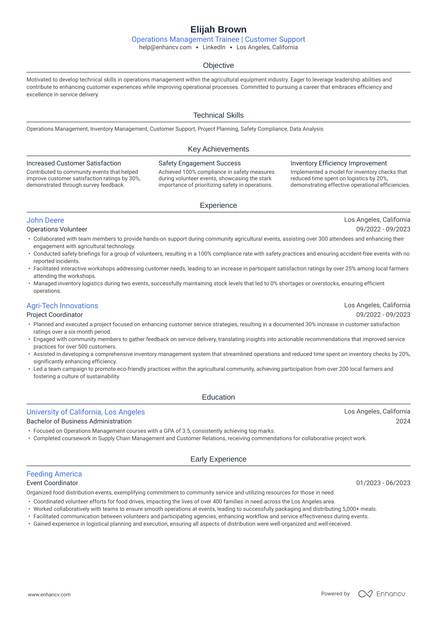 A resume example of a Operations Manager Trainee