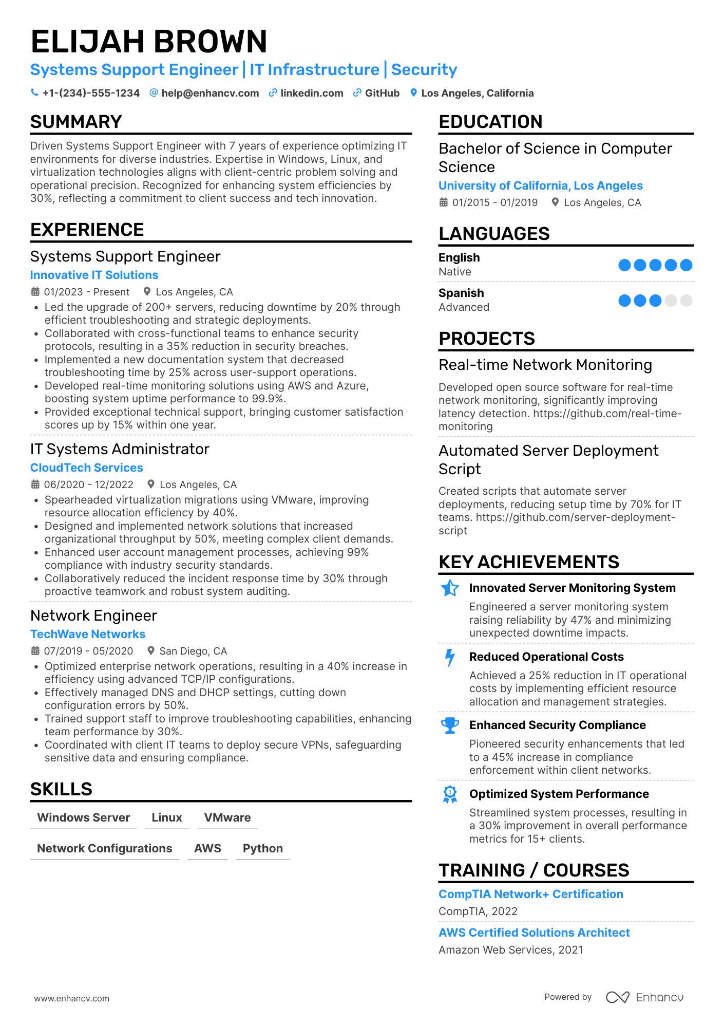 A resume example of a Systems Support Engineer