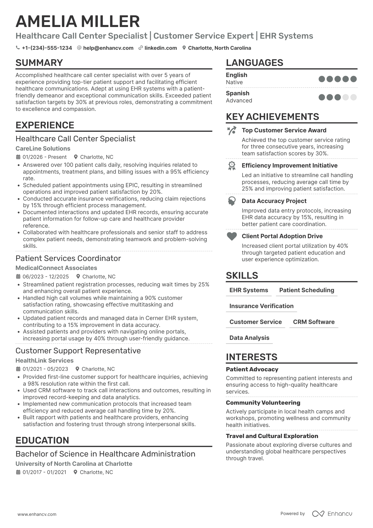 A resume example of a Healthcare Call Center Representative