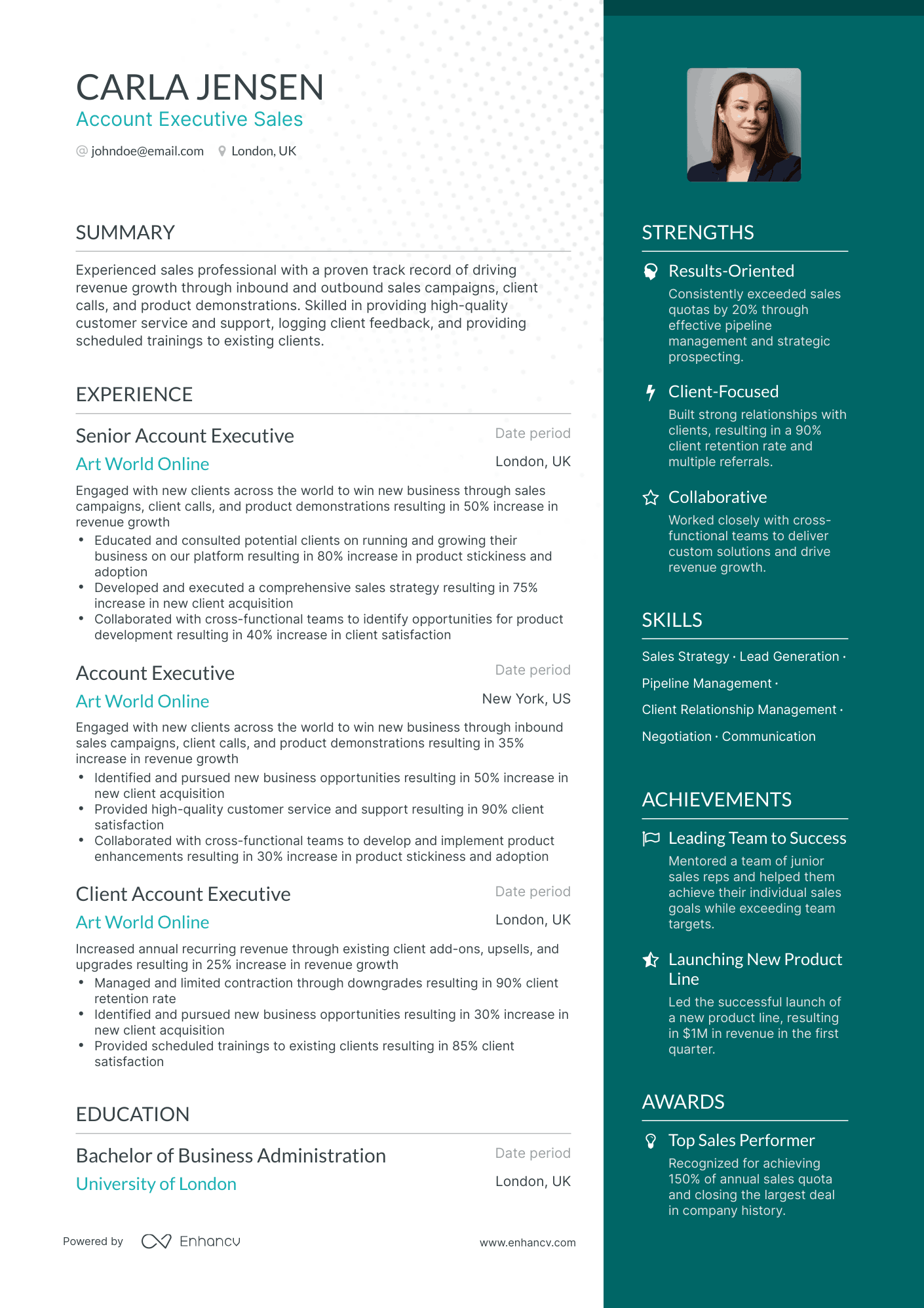 One Page Account Executive Sales Resume Template