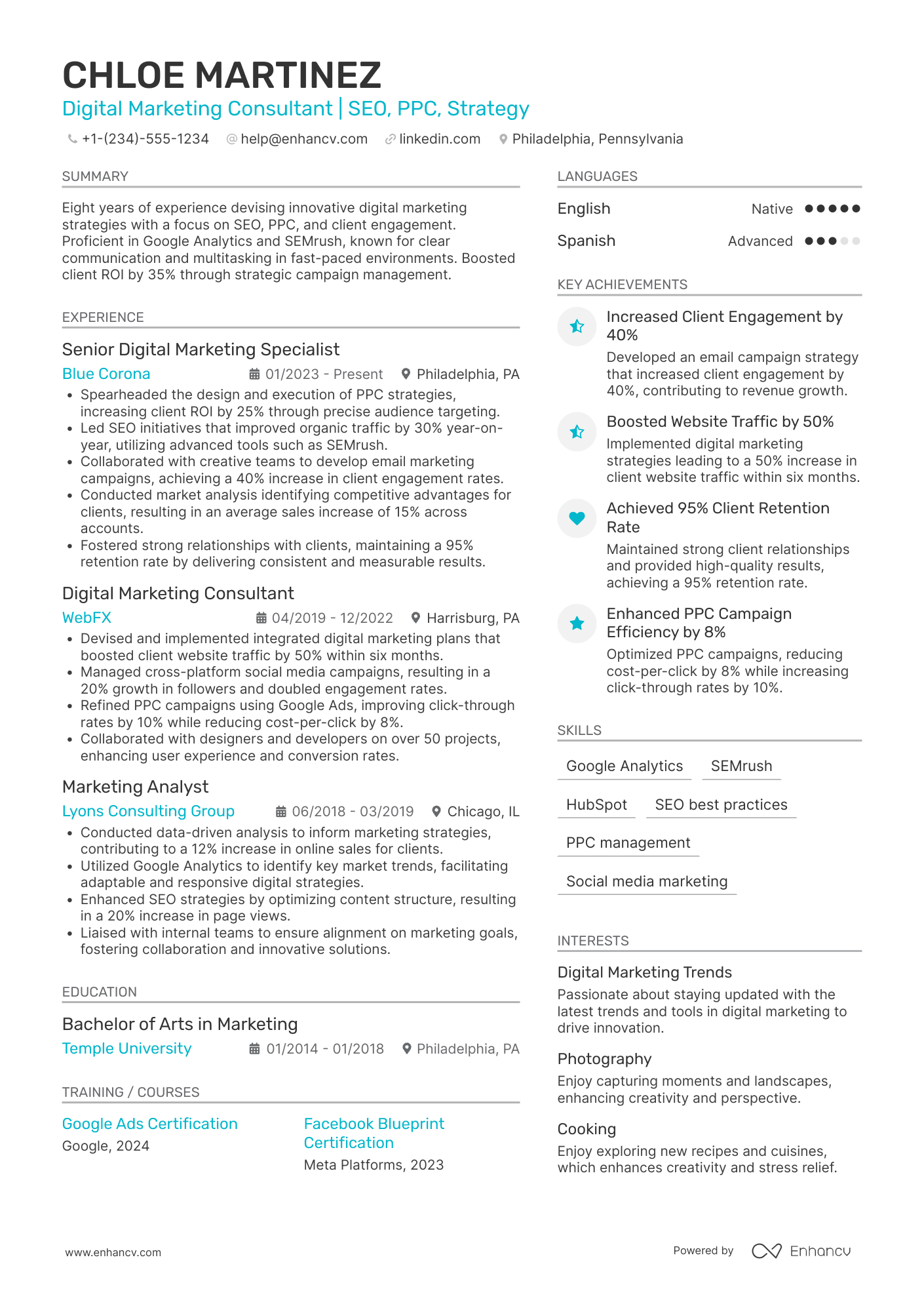 A resume example of a Digital Marketing Consultant