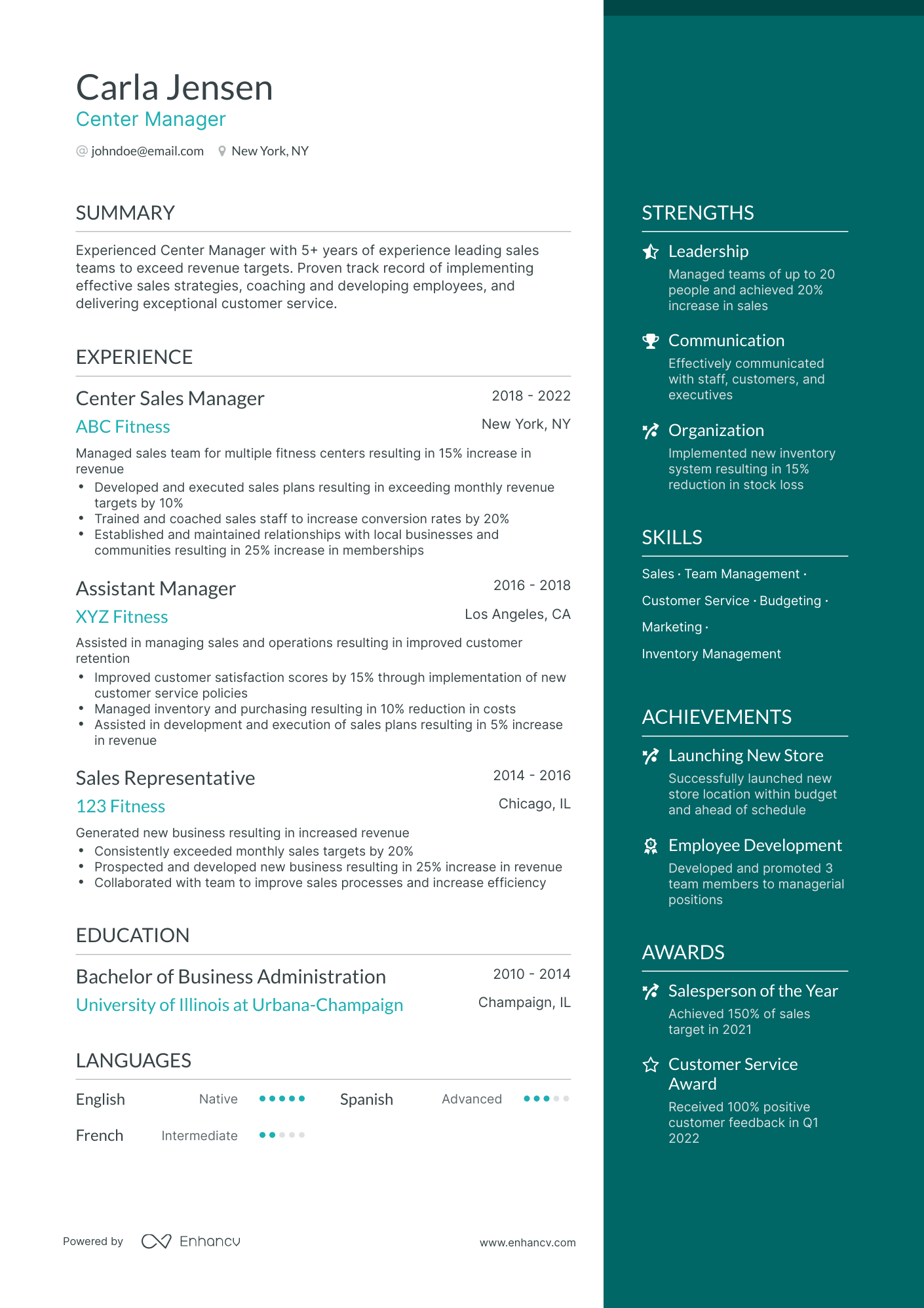One Page Center Manager Resume Template