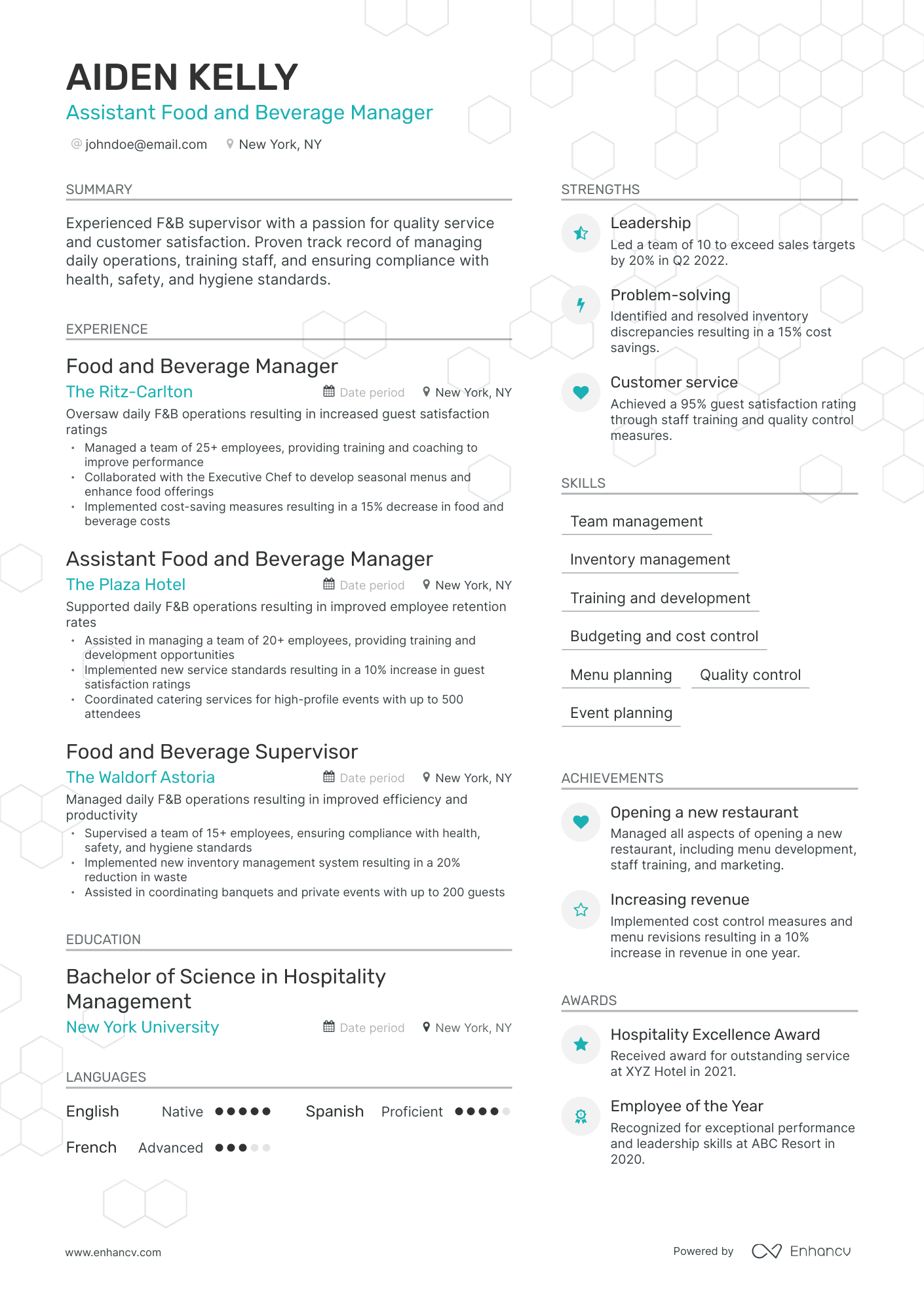 Modern Food and Beverage Manager Resume Template