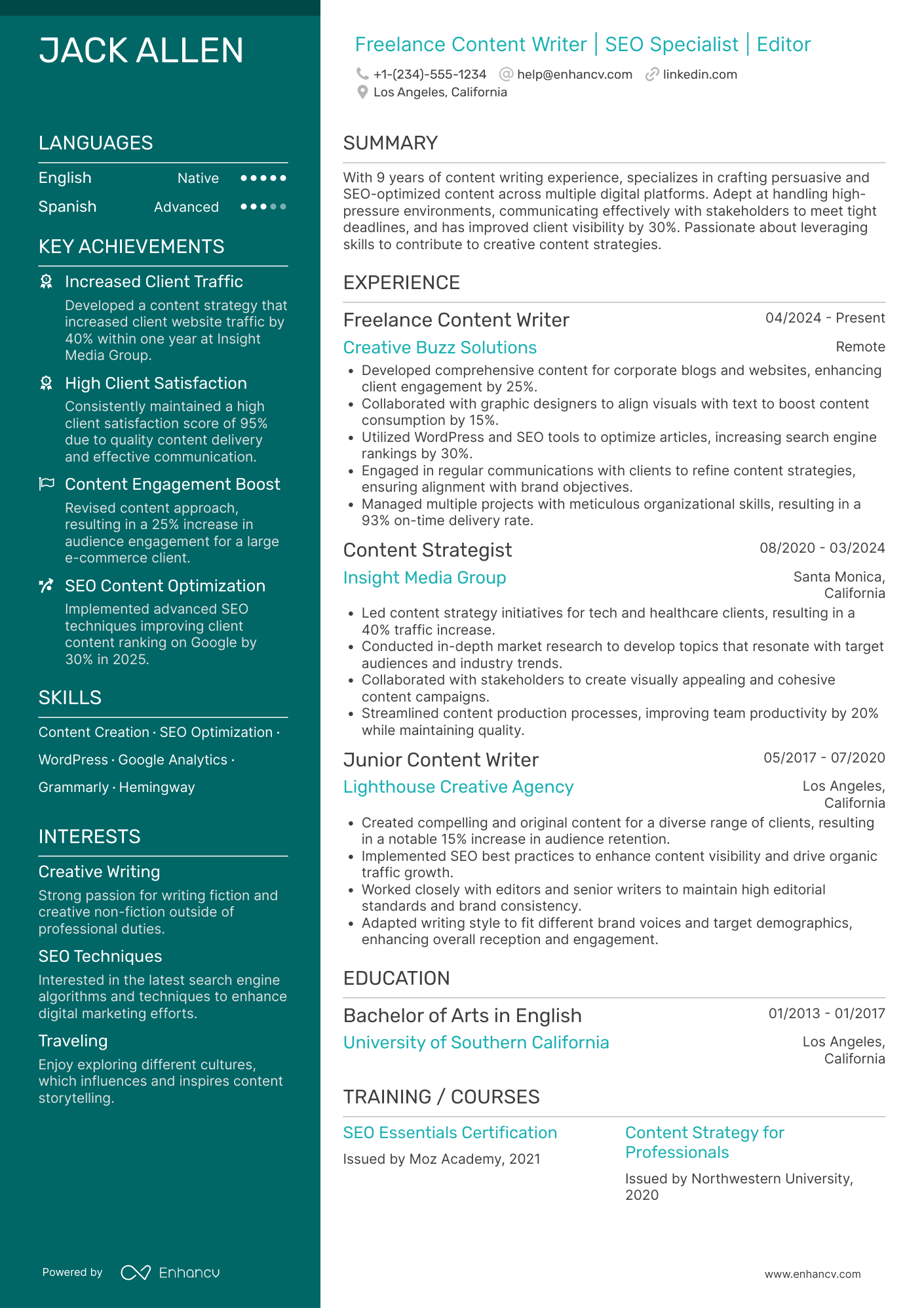 A resume example of a Freelance Content Writer