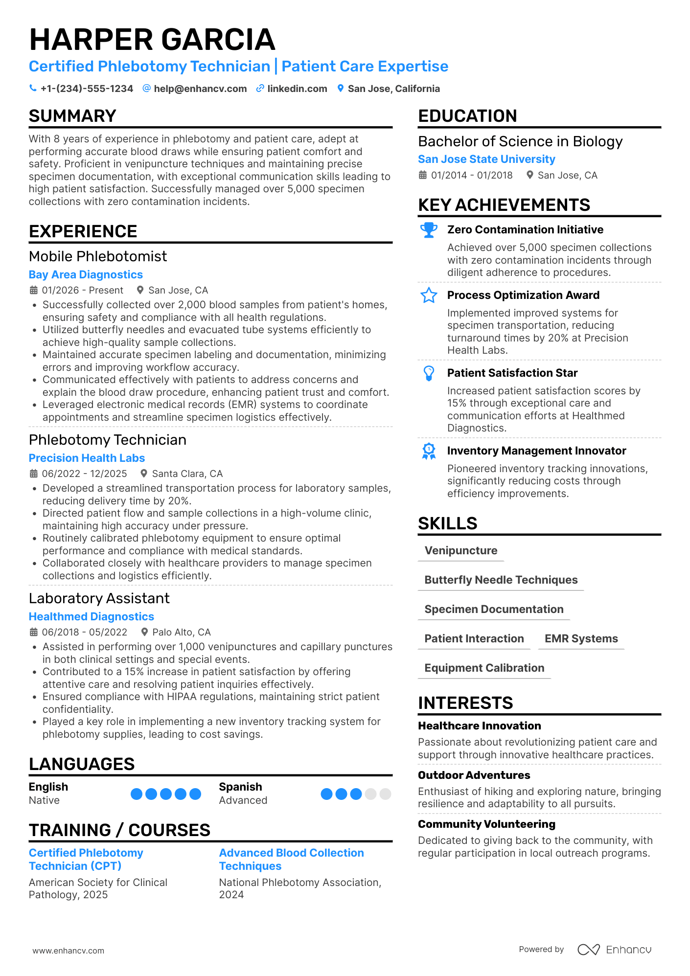 A resume example of a Mobile Phlebotomist