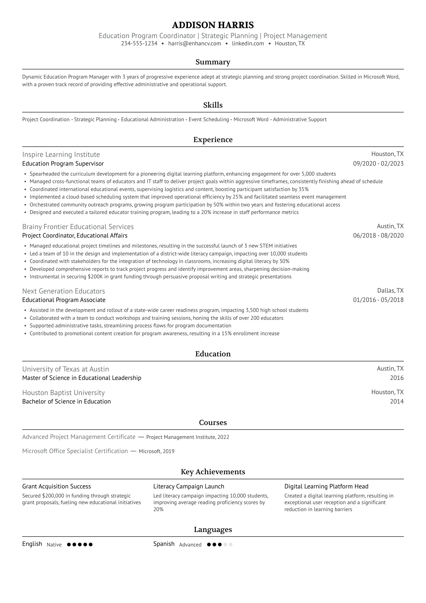 A resume example of a Education Program Manager