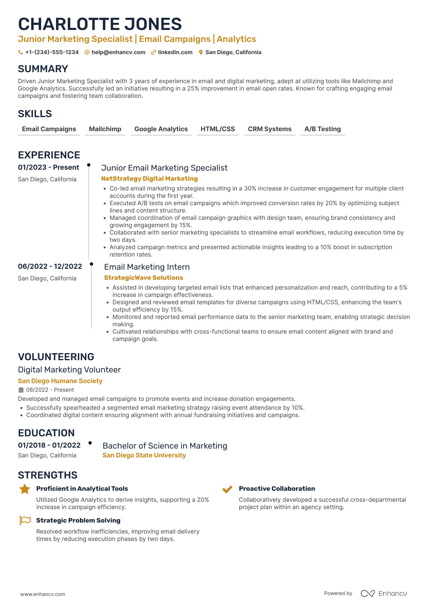 A resume example of a Junior Email Marketing Specialist