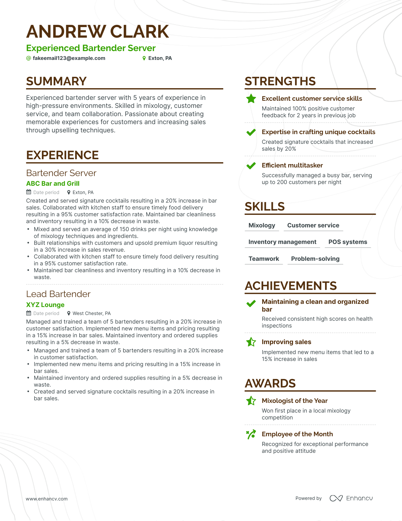 resume sample bartender