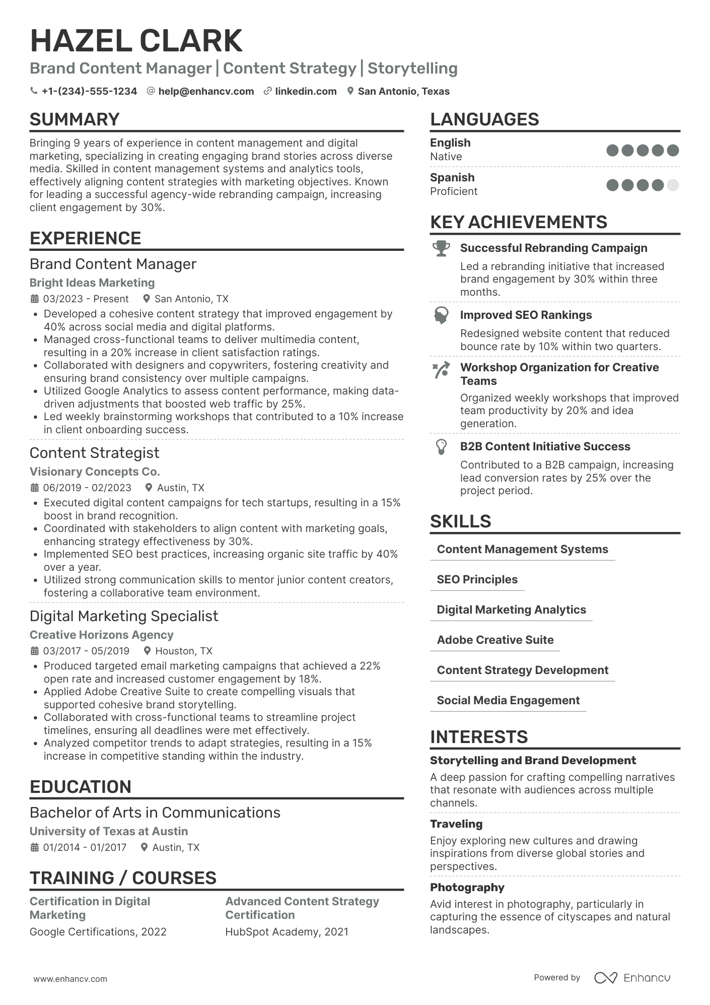 A resume example of a Brand Content Manager