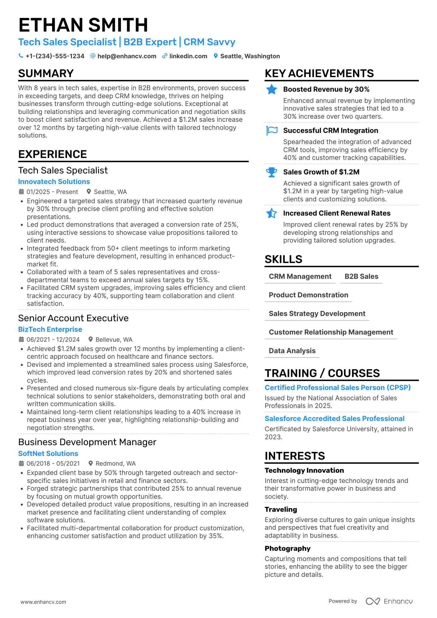 A resume example of a Tech Sales Specialist