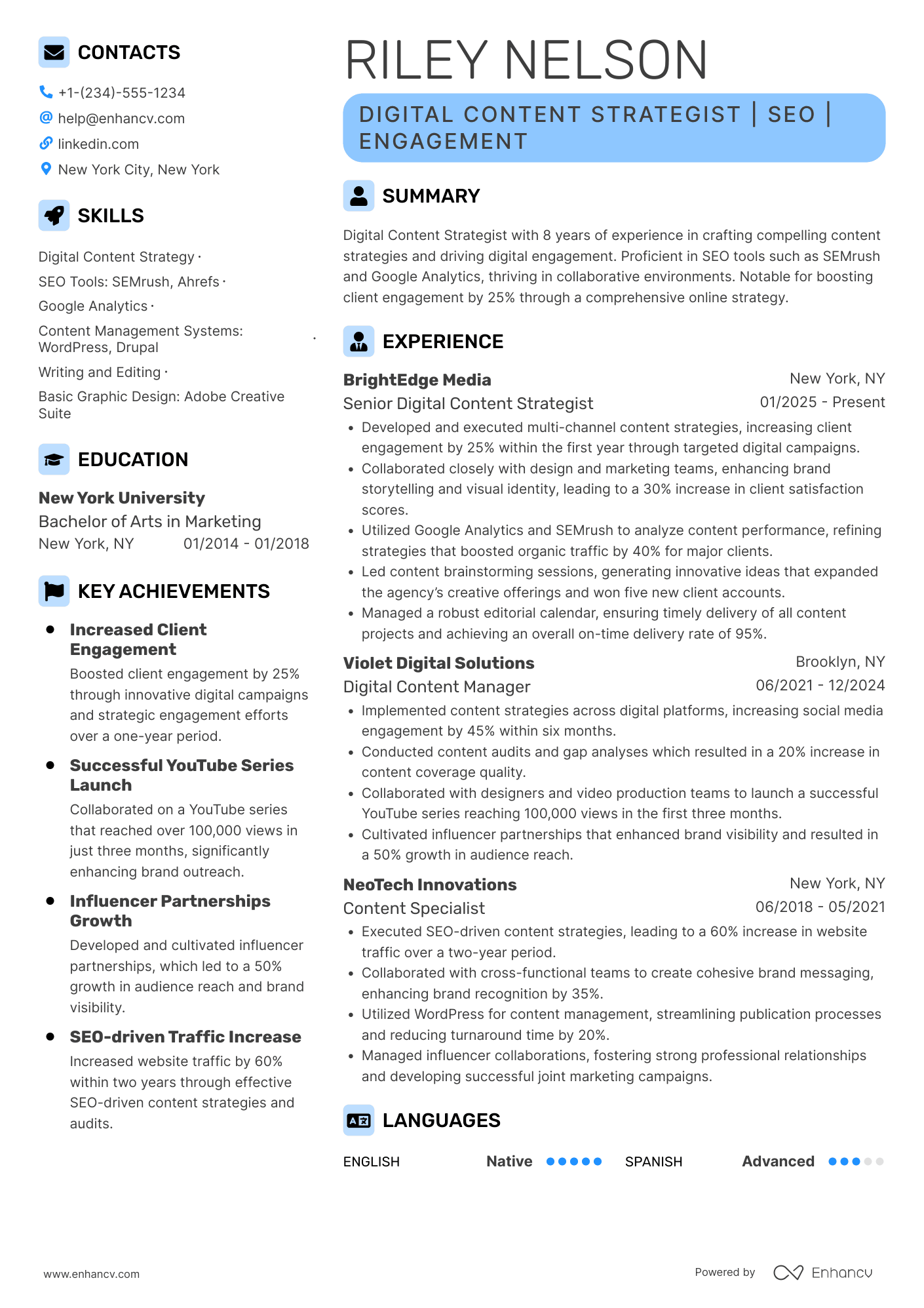 A resume example of a Digital Content Strategist