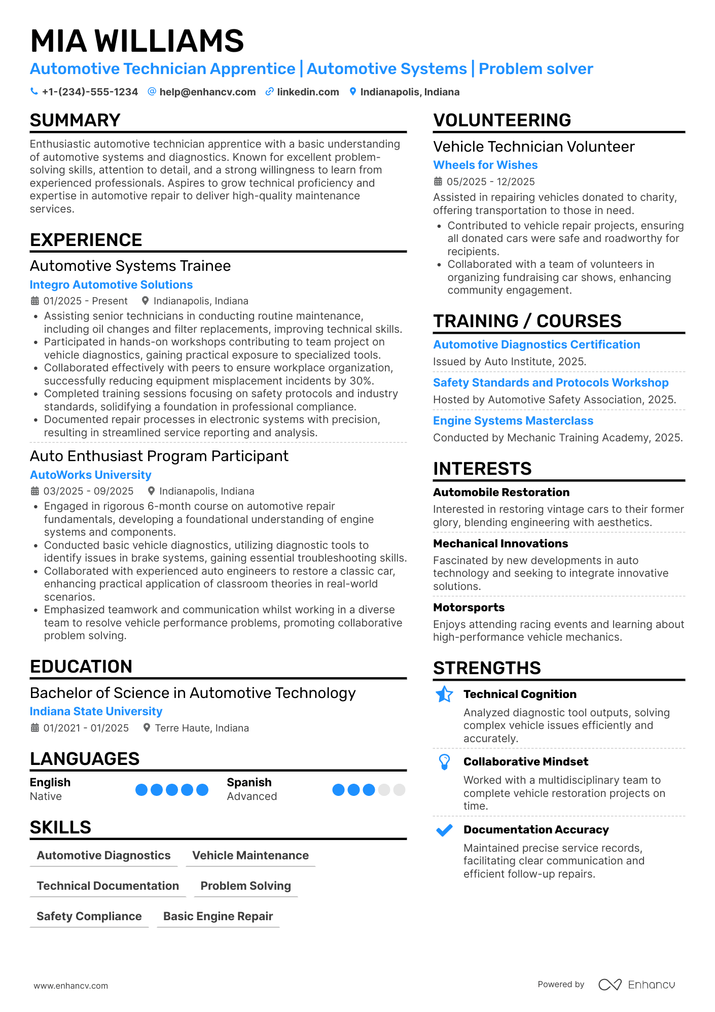 A resume example of a Apprentice Automotive Technician