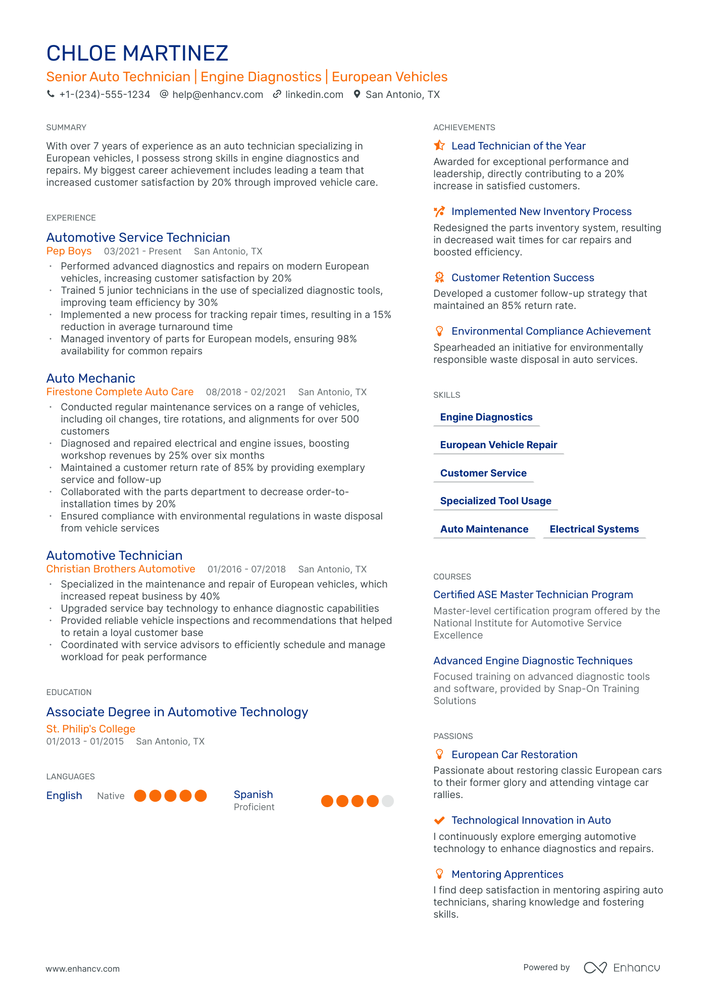 resume template for automotive service technician