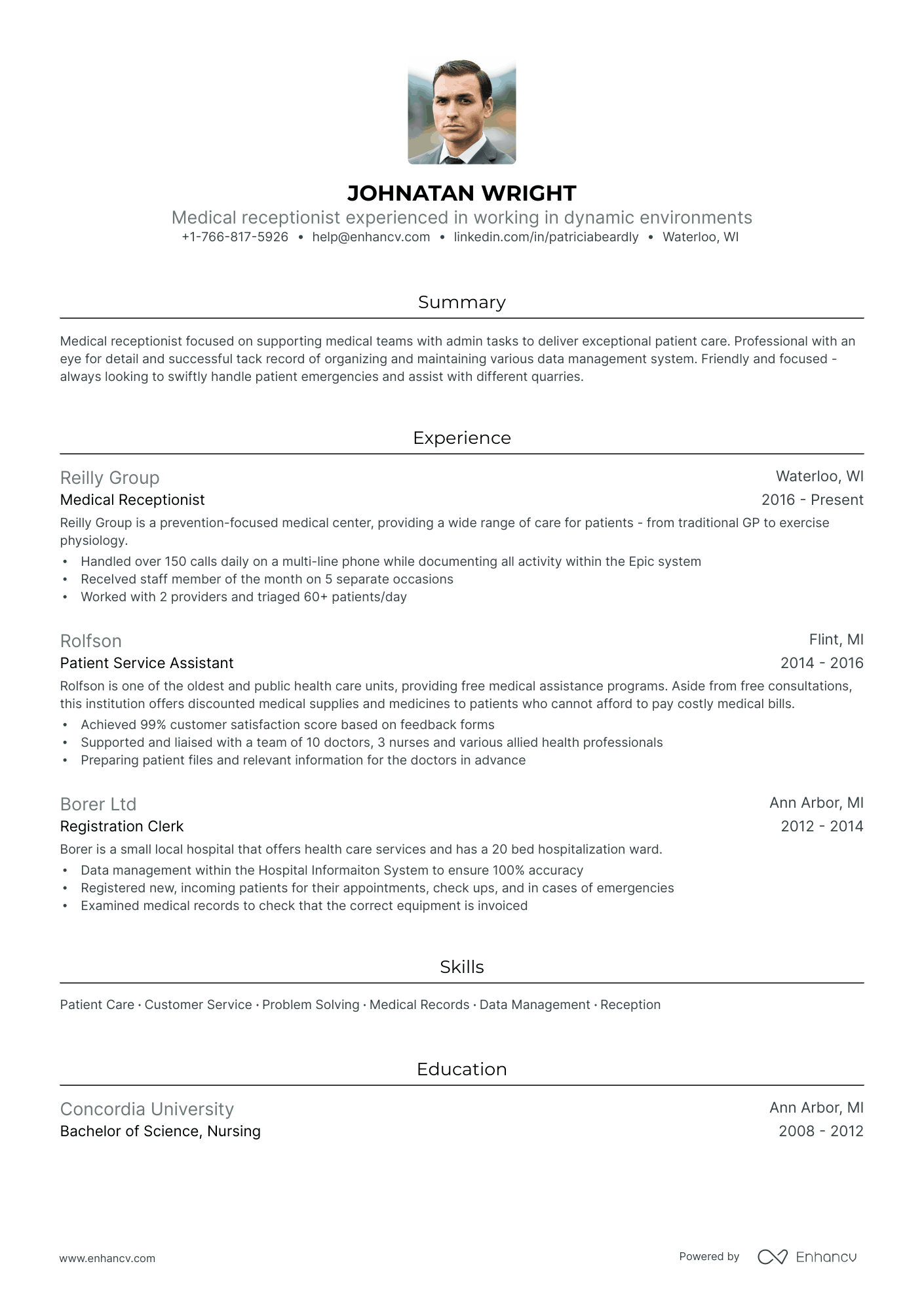 resume for medical receptionist