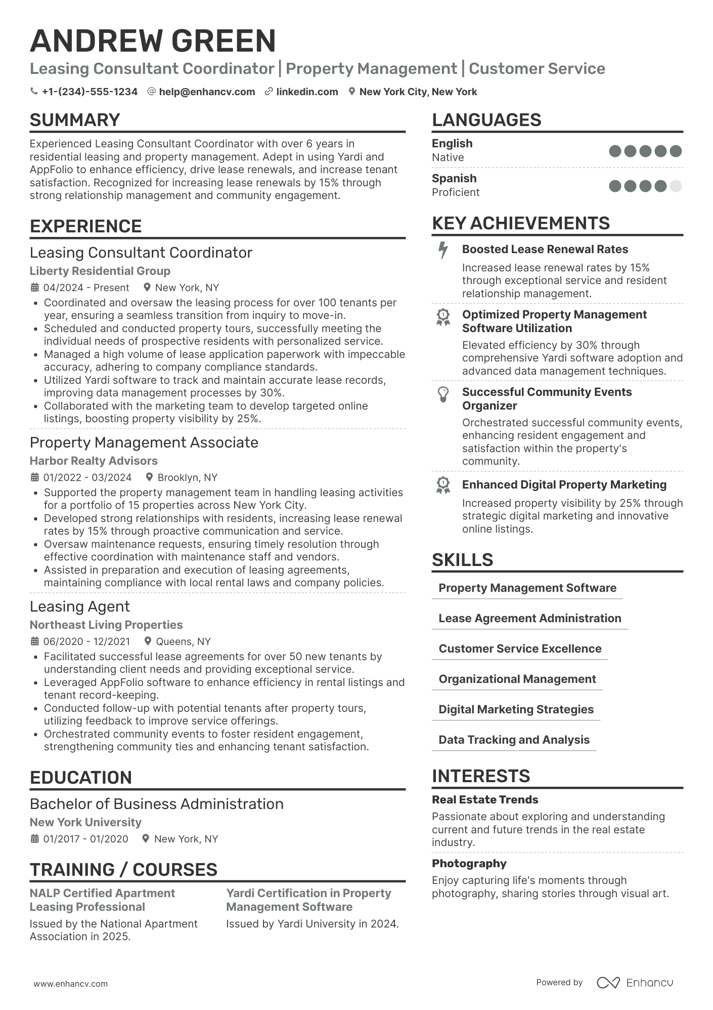 A resume example of a Leasing Consultant Coordinator