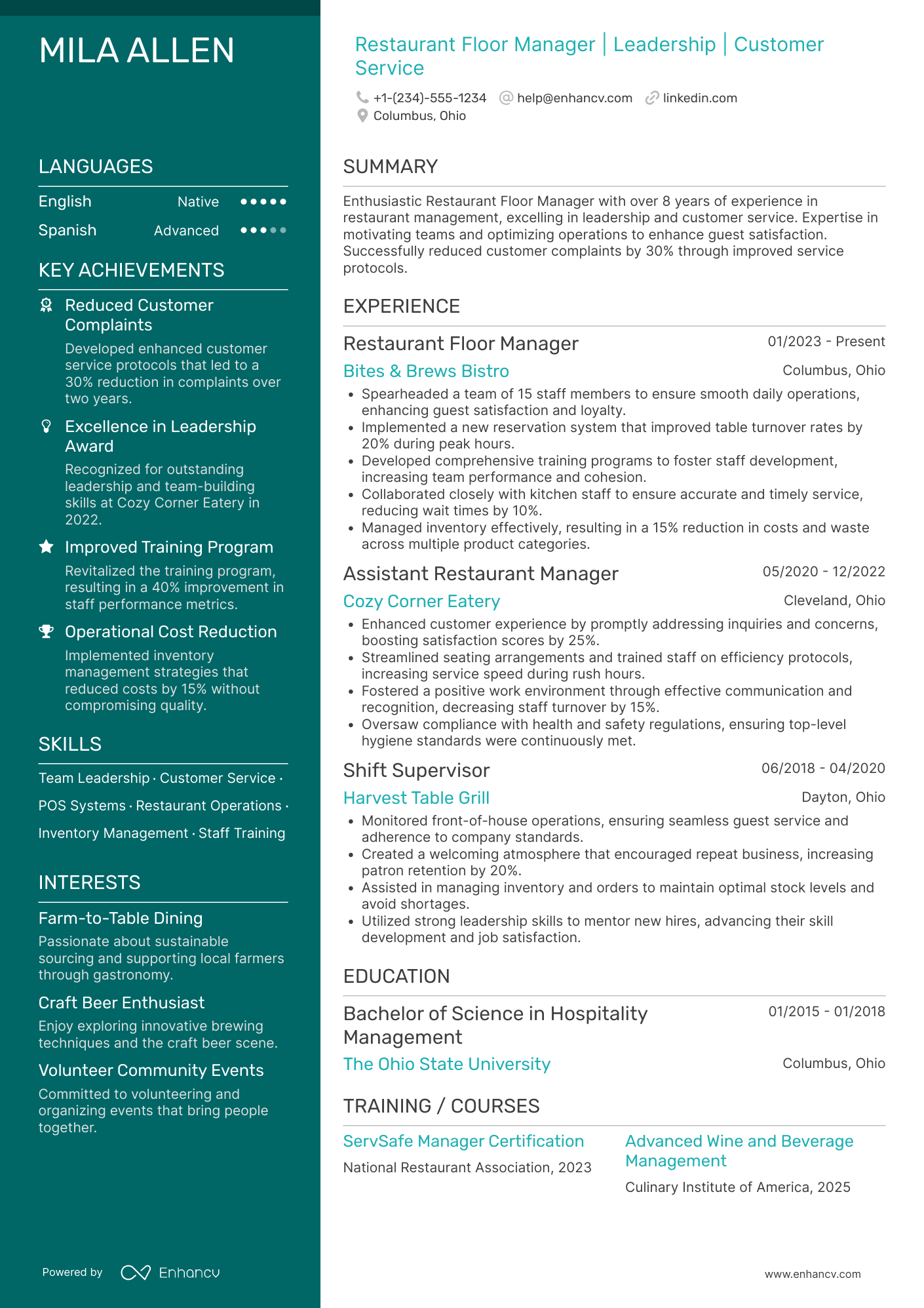A resume example of a Restaurant Floor Manager