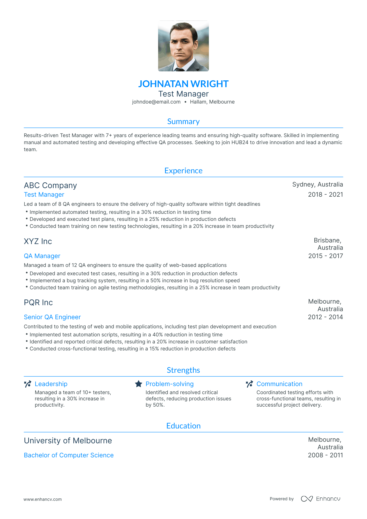 Traditional Test Manager Resume Template