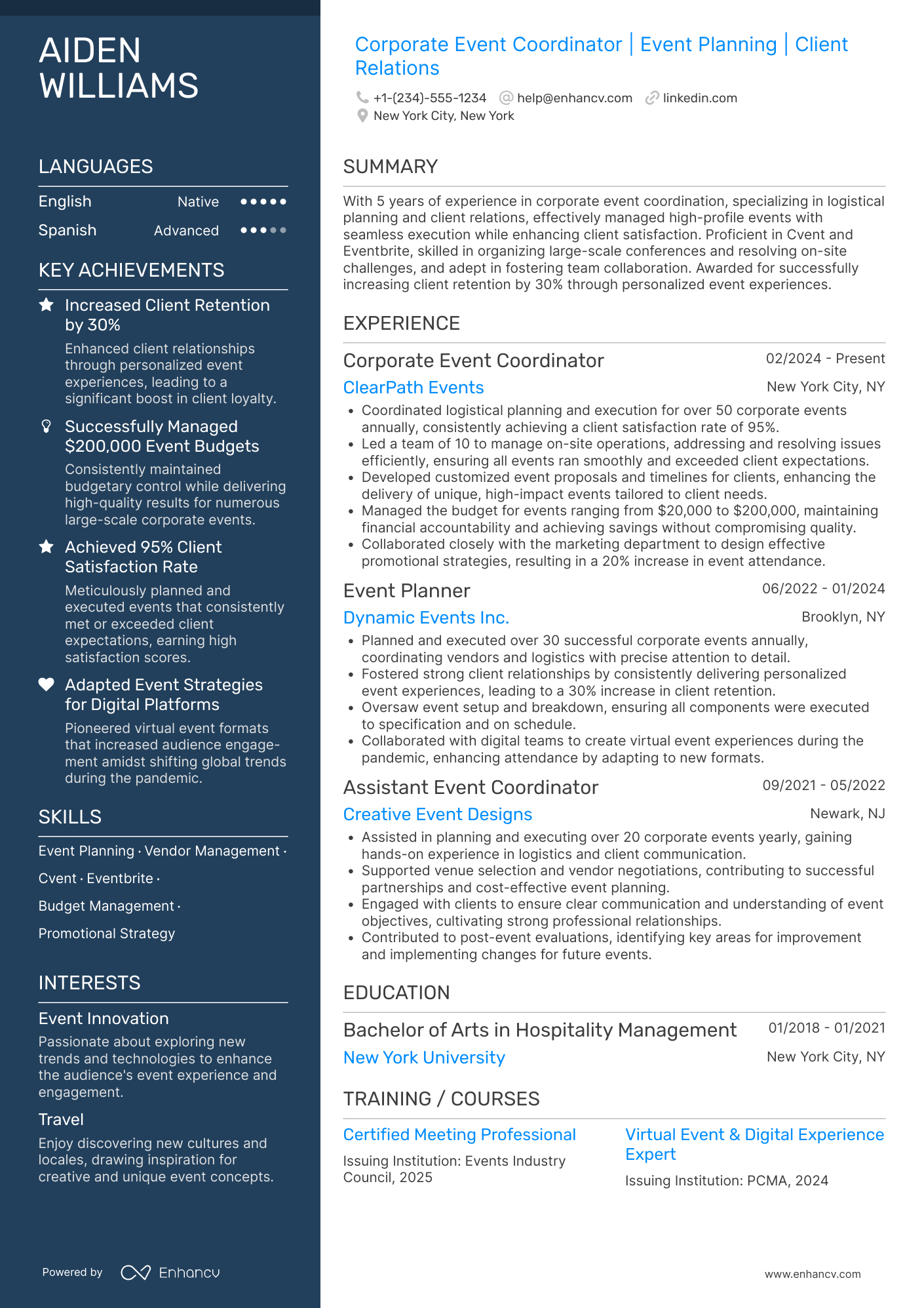 A resume example of a Corporate Event Coordinator