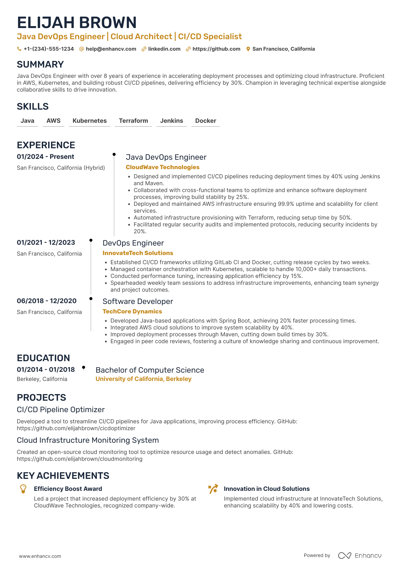 A resume example of a Java DevOps Engineer