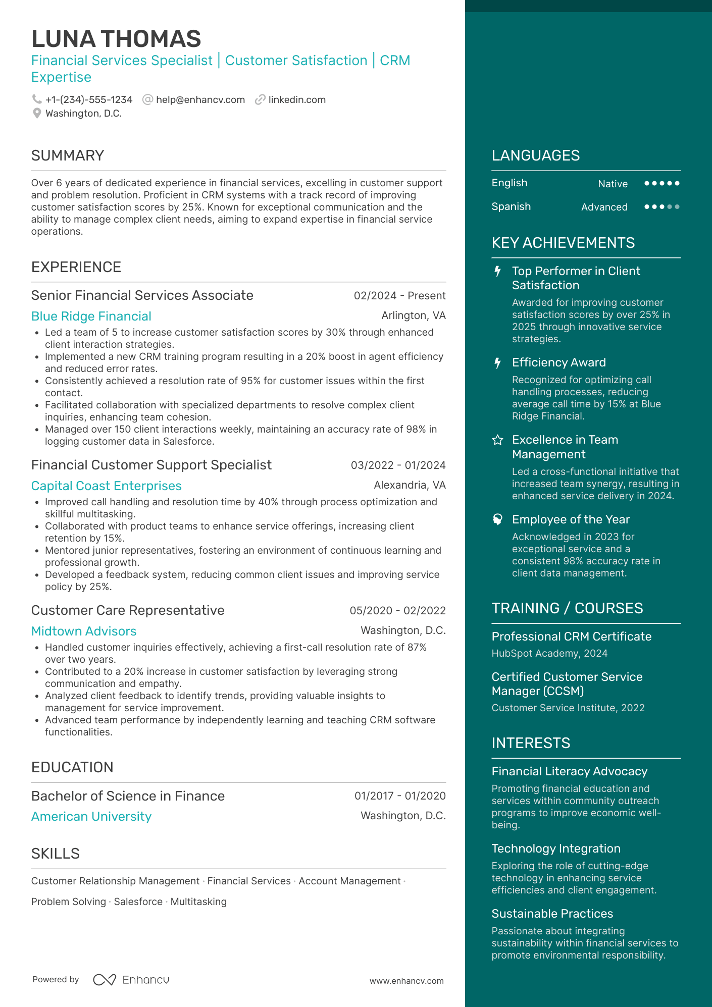 A resume example of a Financial Services Call Center Representative