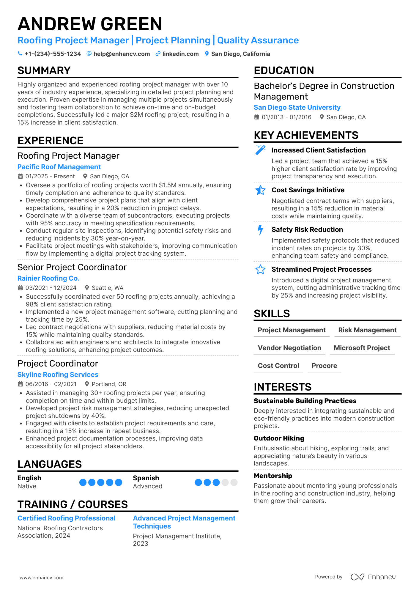 A resume example of a Roofing Project Manager
