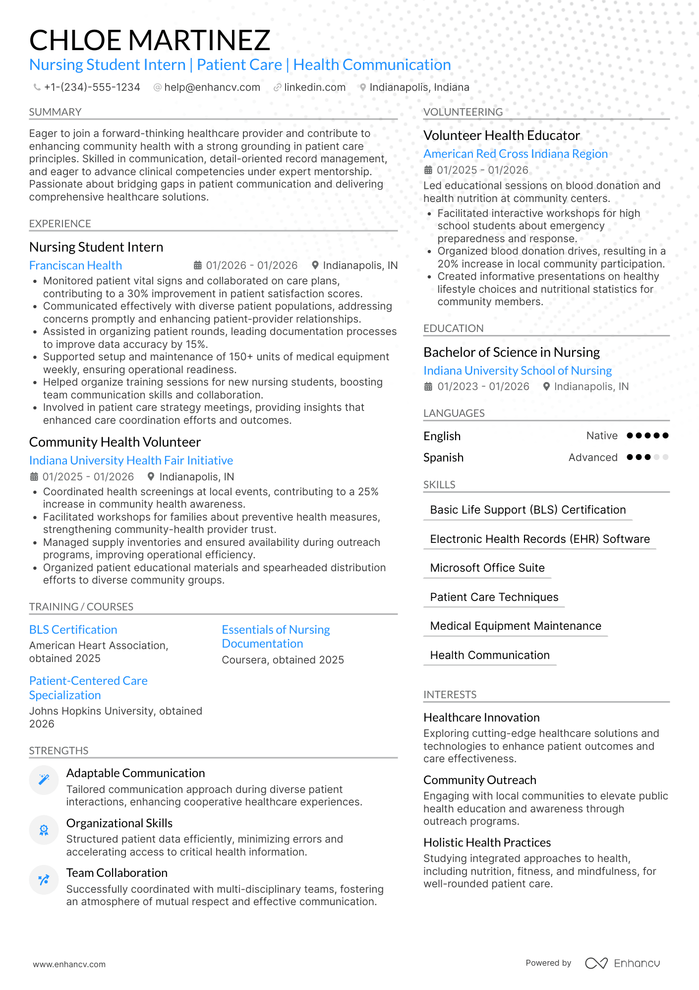 A resume example of a Nursing Student No Experience