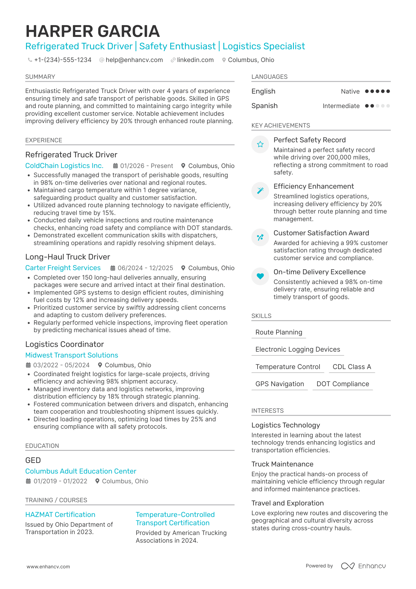 A resume example of a Refrigerated Truck Driver