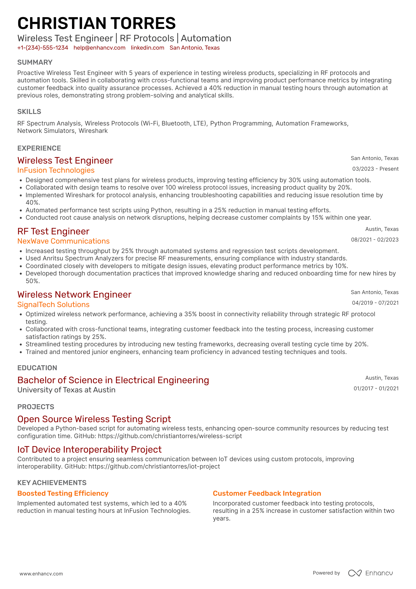A resume example of a Wireless Test Engineer