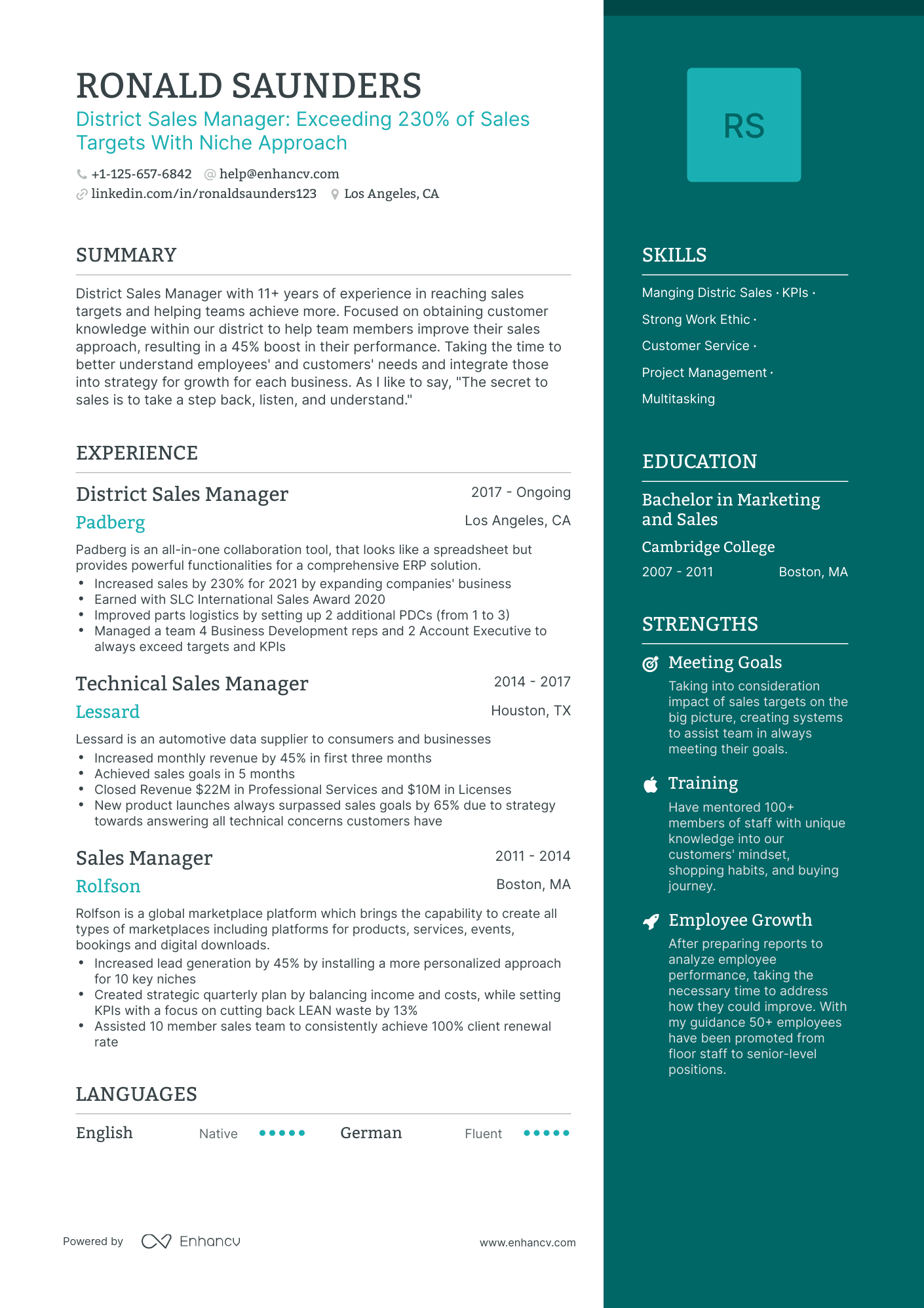 One Page District Sales Manager Resume Template