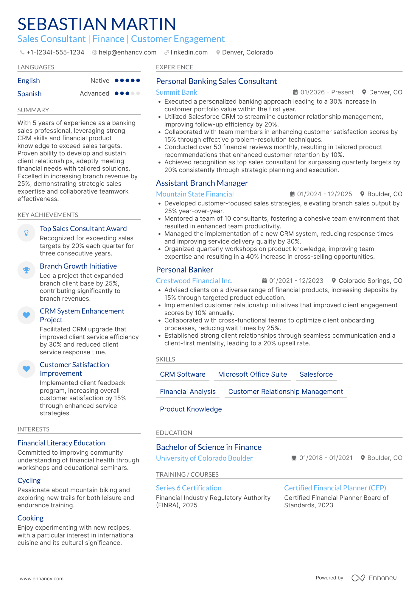 A resume example of a Personal Banking Sales Consultant