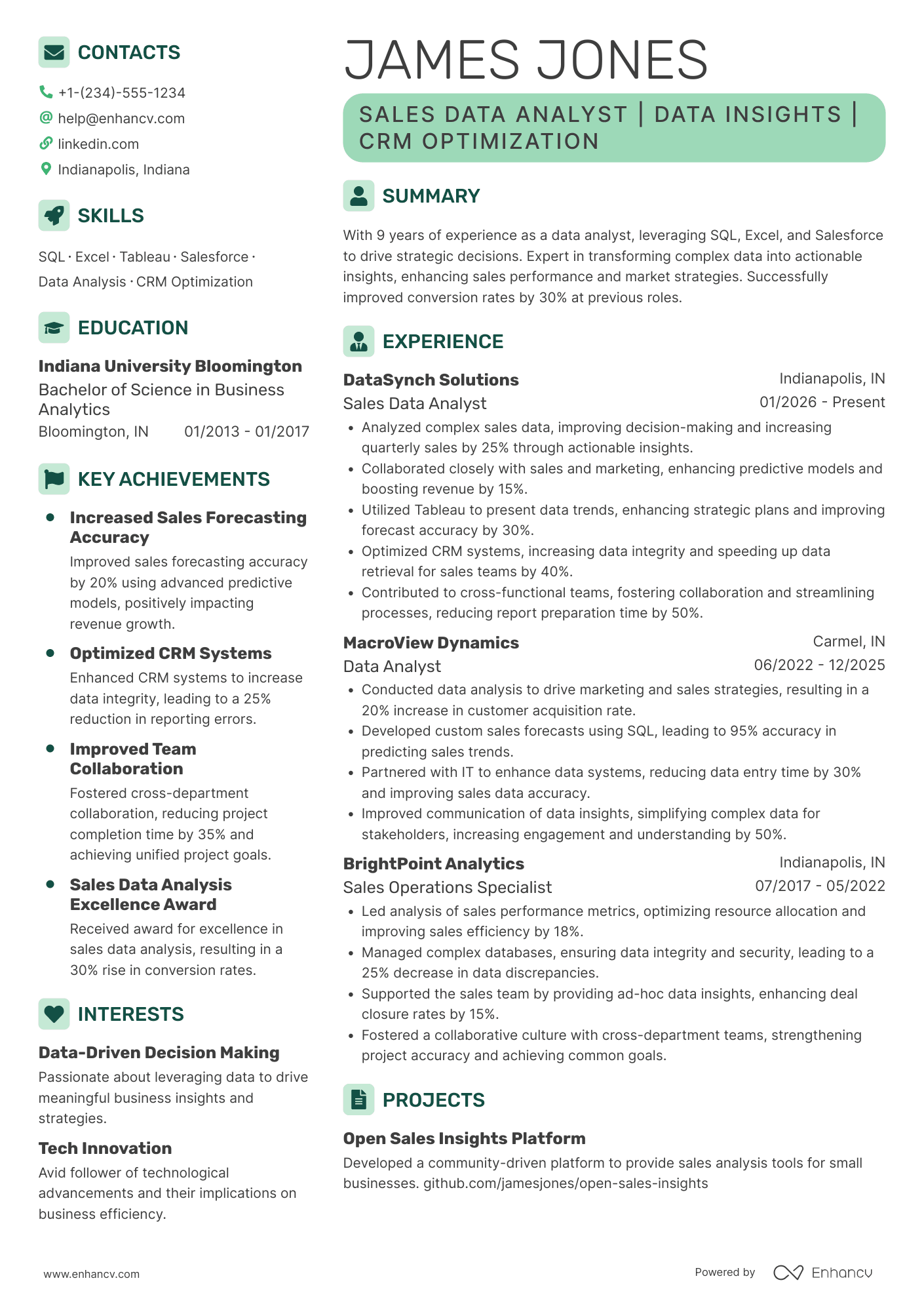 A resume example of a Sales Data Analyst
