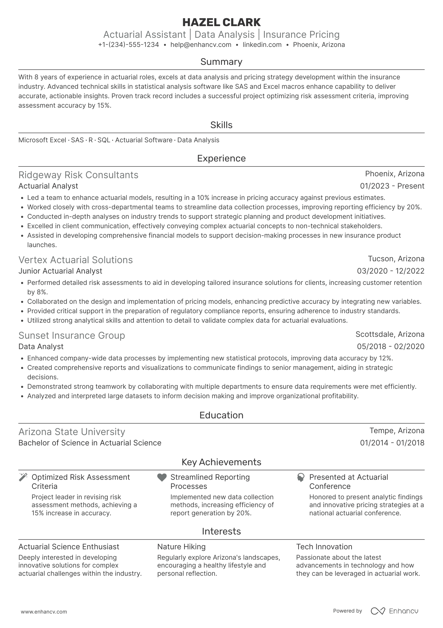 A resume example of a Actuarial Assistant