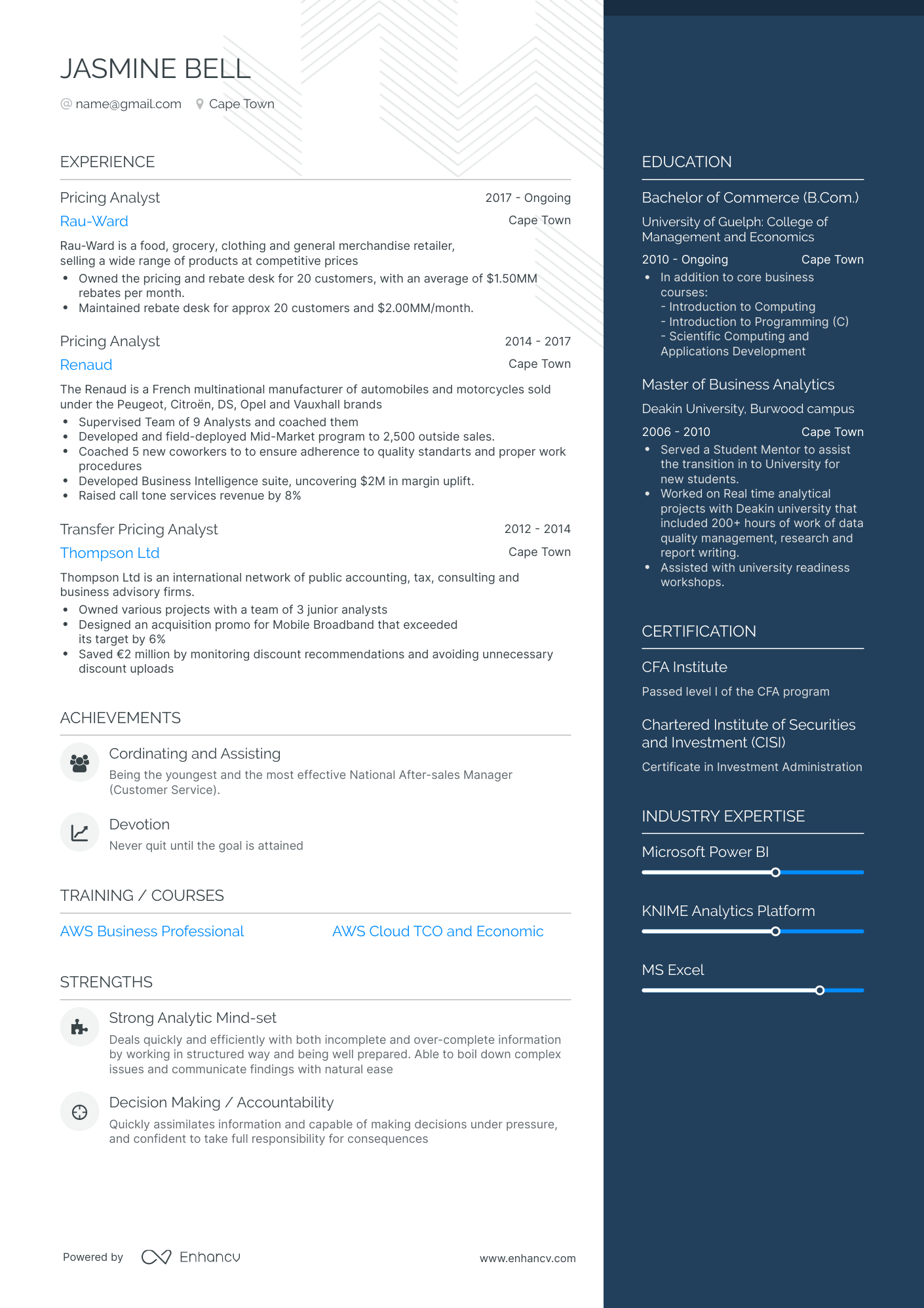 One Page Pricing Analyst Resume Template