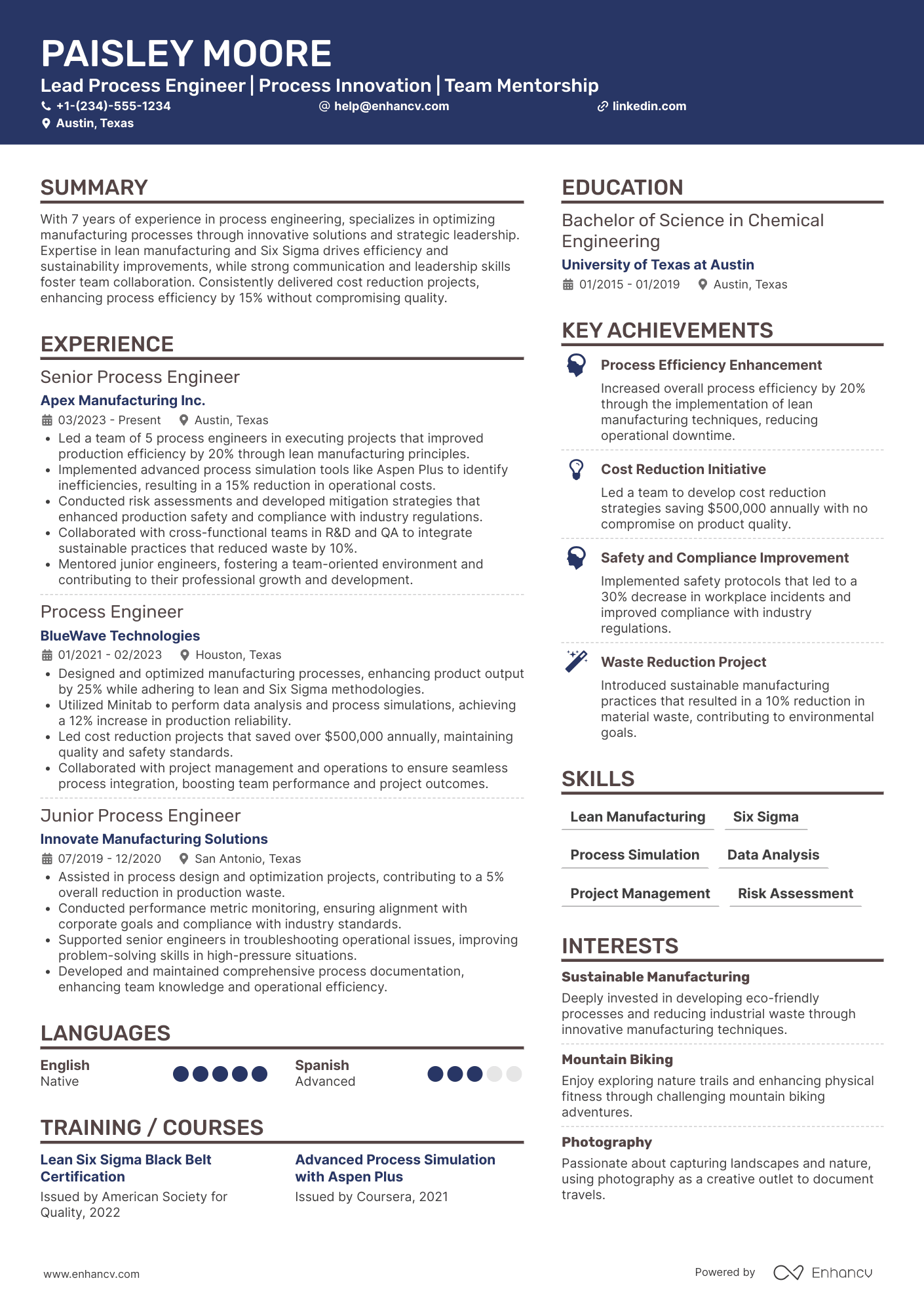 A resume example of a Lead Process Engineer