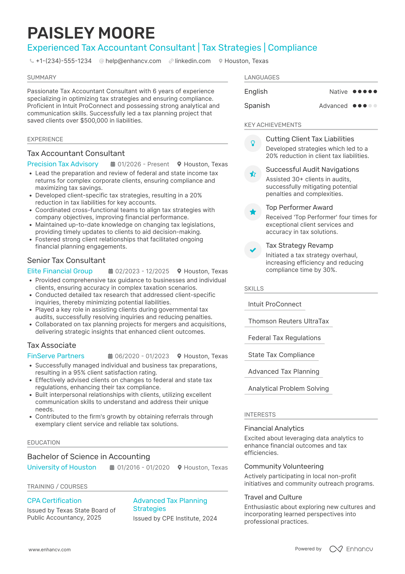 A resume example of a Tax Accountant Consultant