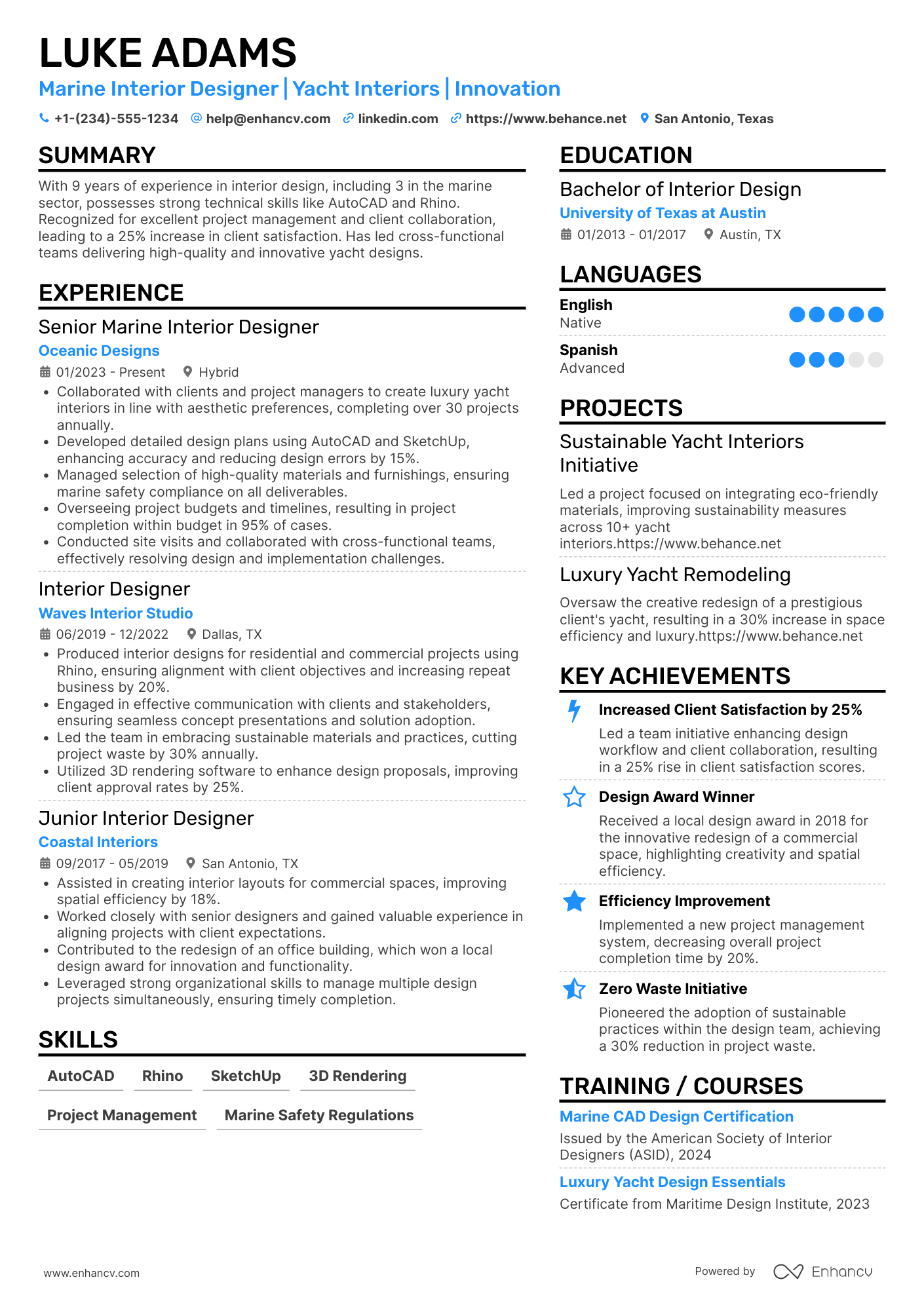 A resume example of a Marine Interior Designer