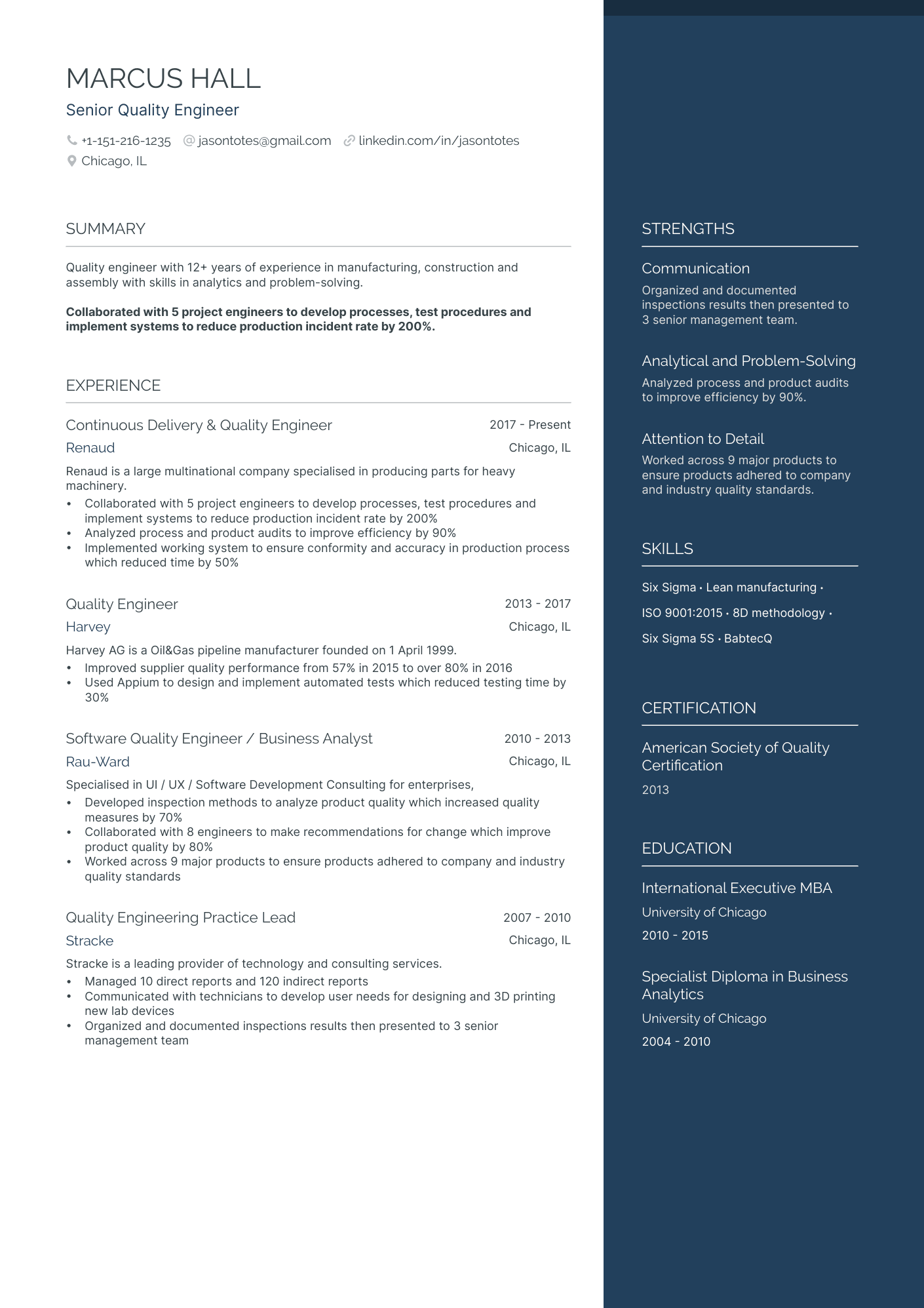 quality experience resume format