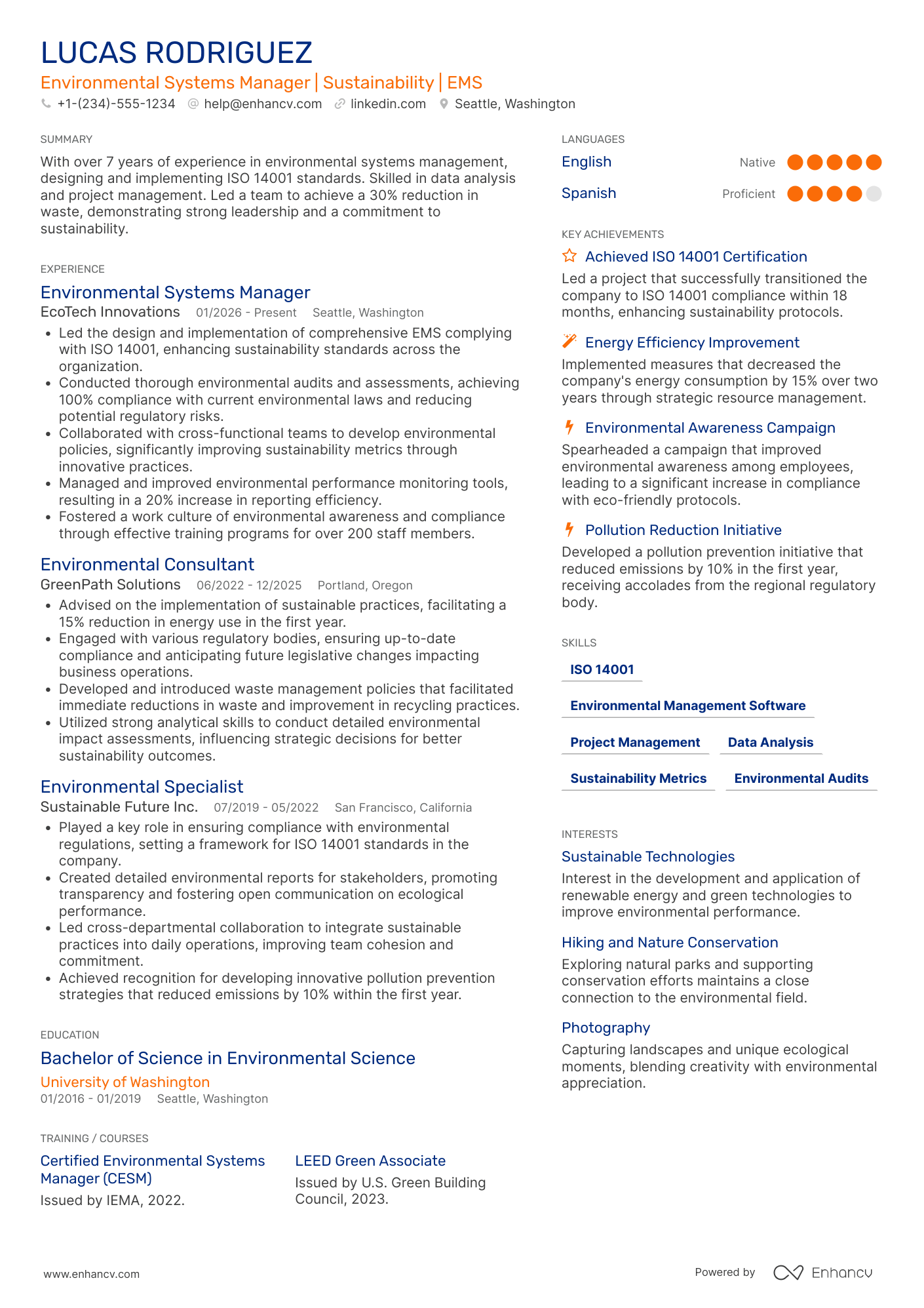 A resume example of a Environmental Systems Manager