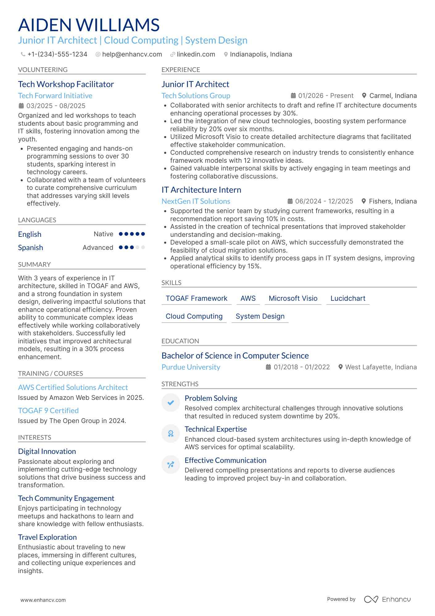 A resume example of a Junior Enterprise Architect